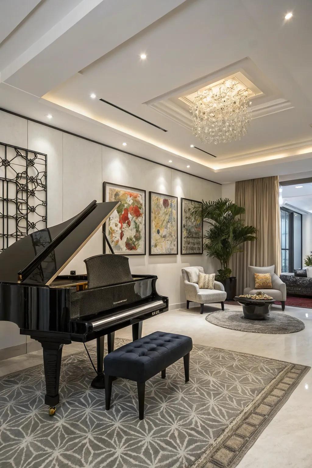 Asymmetrical decor adds a dynamic and modern touch to the piano room.