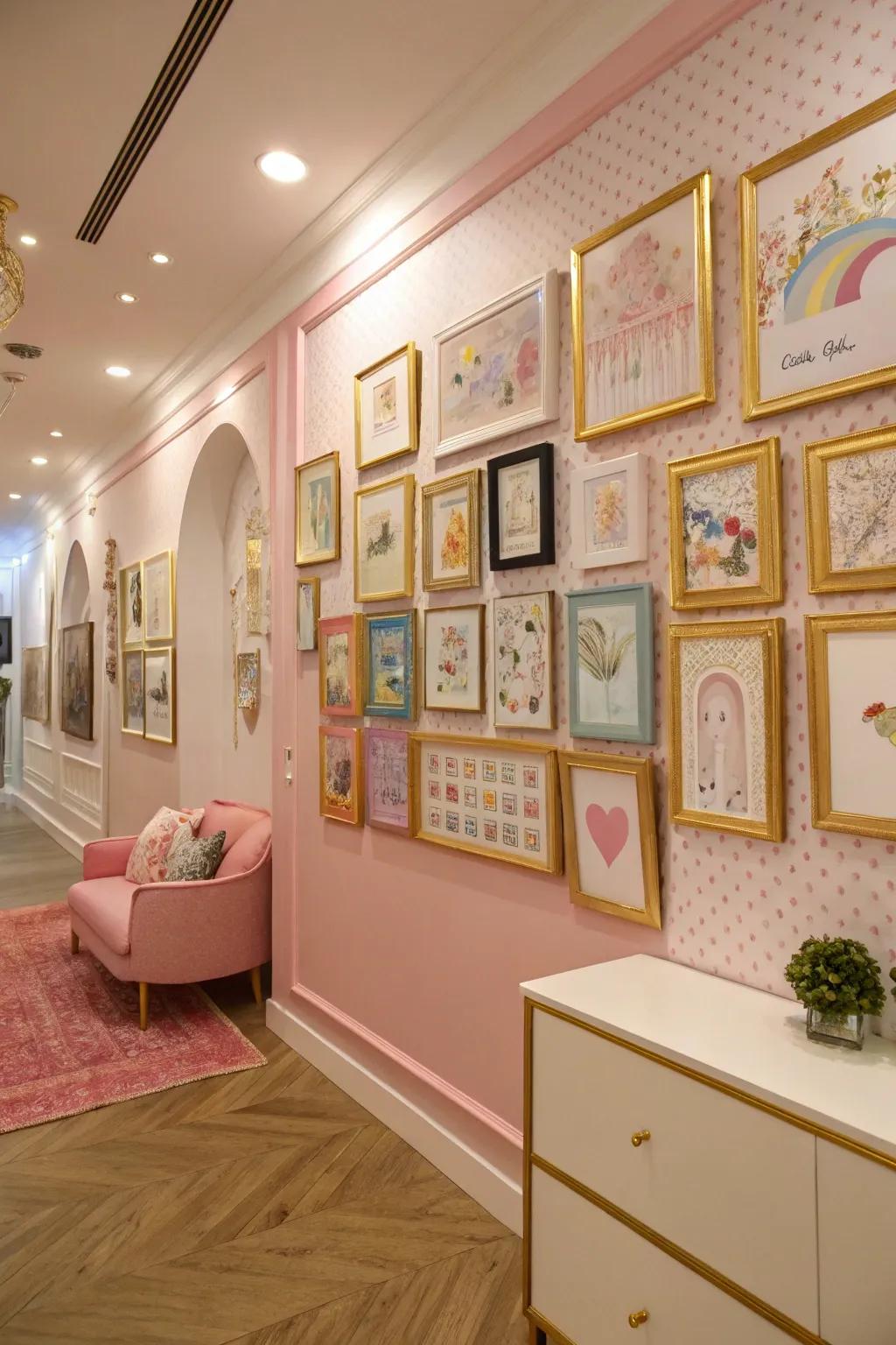 A personal gallery wall celebrates creativity and individuality.