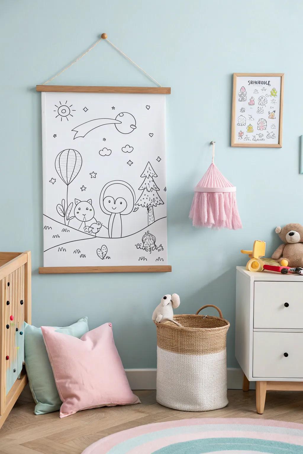 A drawn print featuring playful line drawings in a nursery.