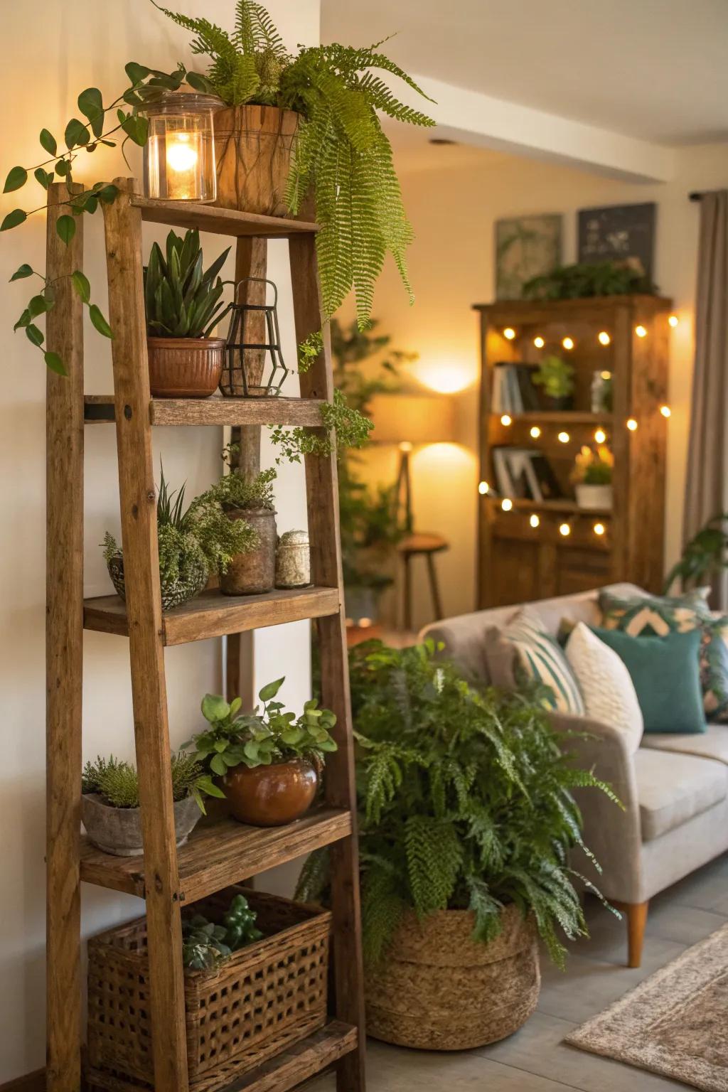 Countryside-inspired timber shelves imparting charm and warmth to a plant showcase.