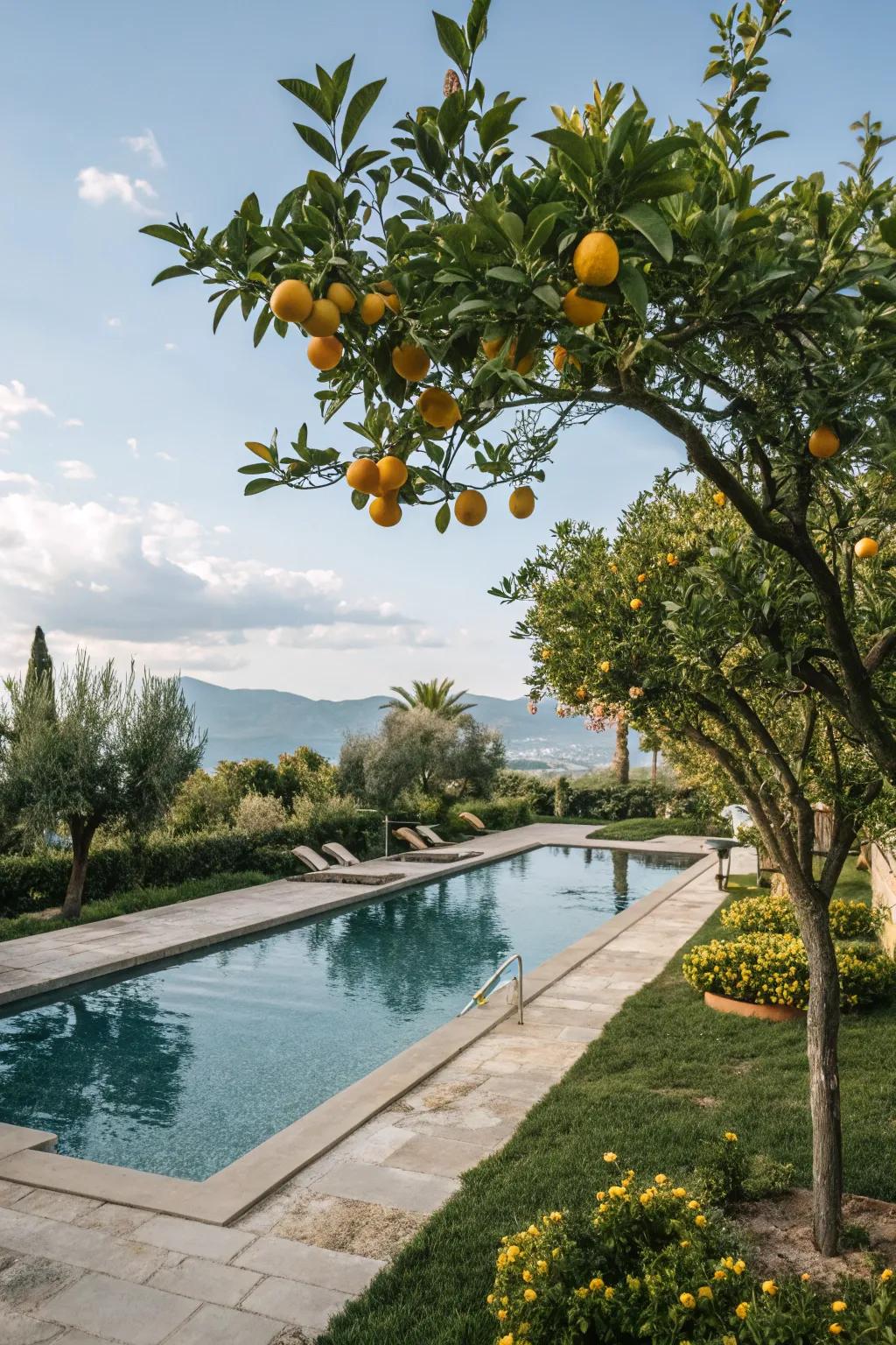 Citrus trees present elegance and fresh fruit poolside.