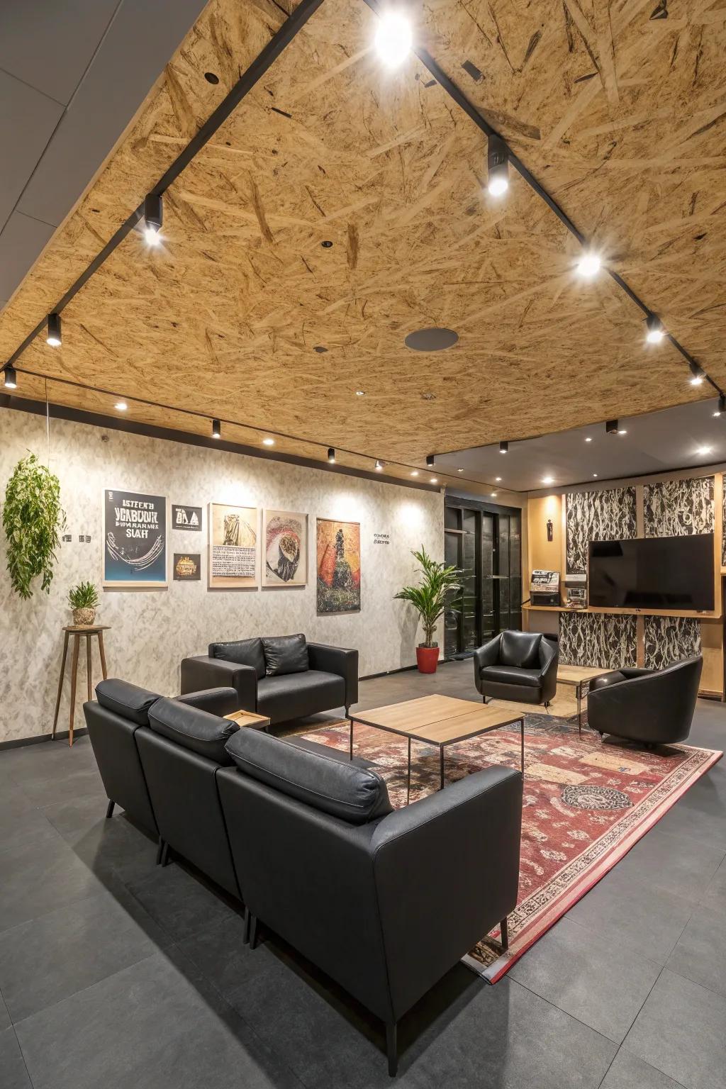 An artistic plywood roof that transforms the room into a conversation starter.