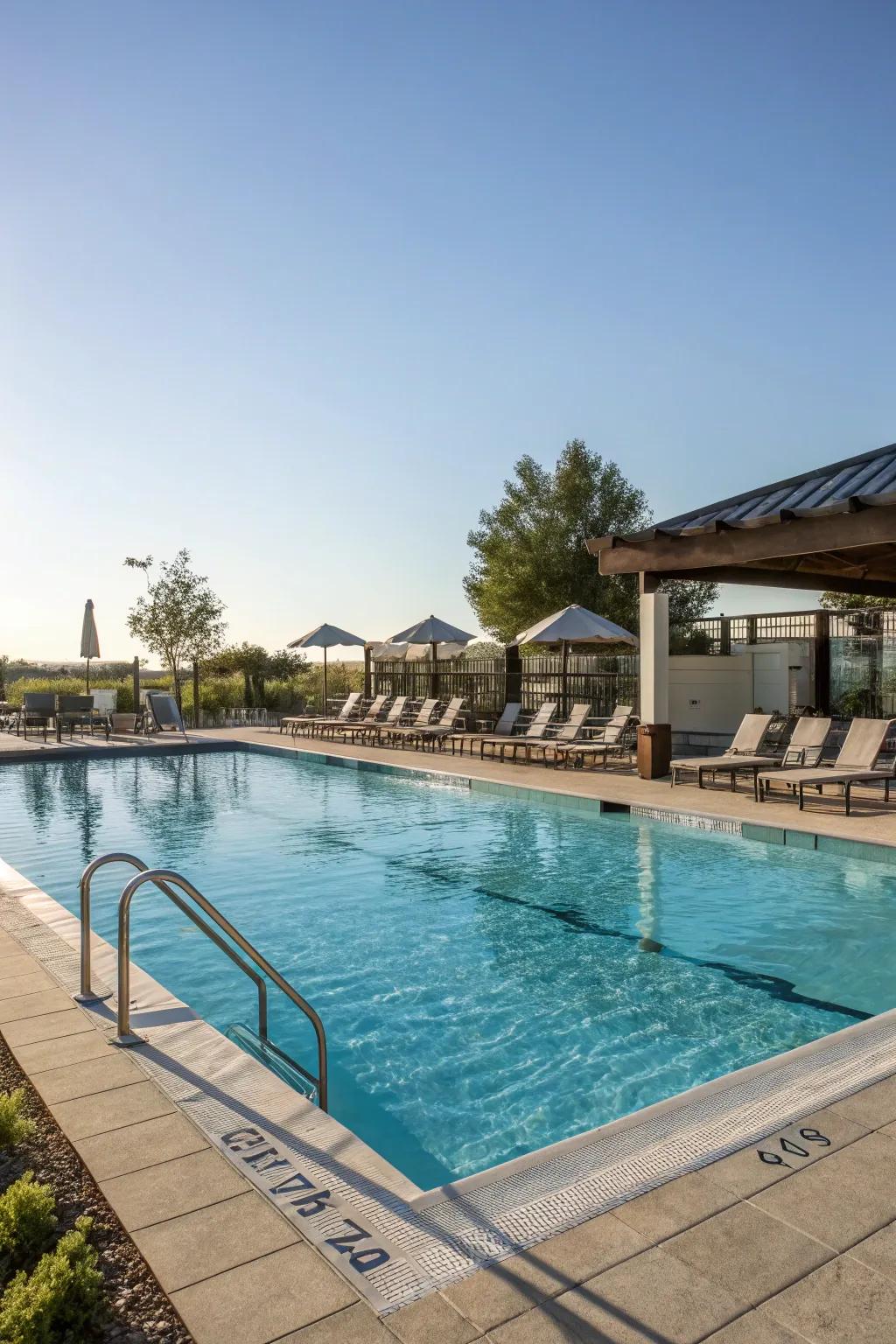 Wide coping presents an ideal spot for poolside leisure.