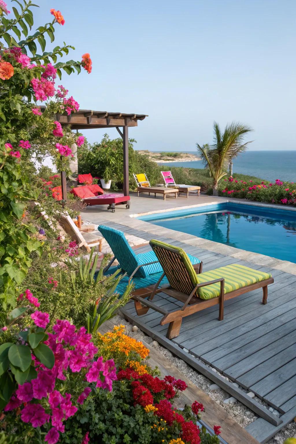 Colorful accents bring energy and vibrancy to poolside areas.