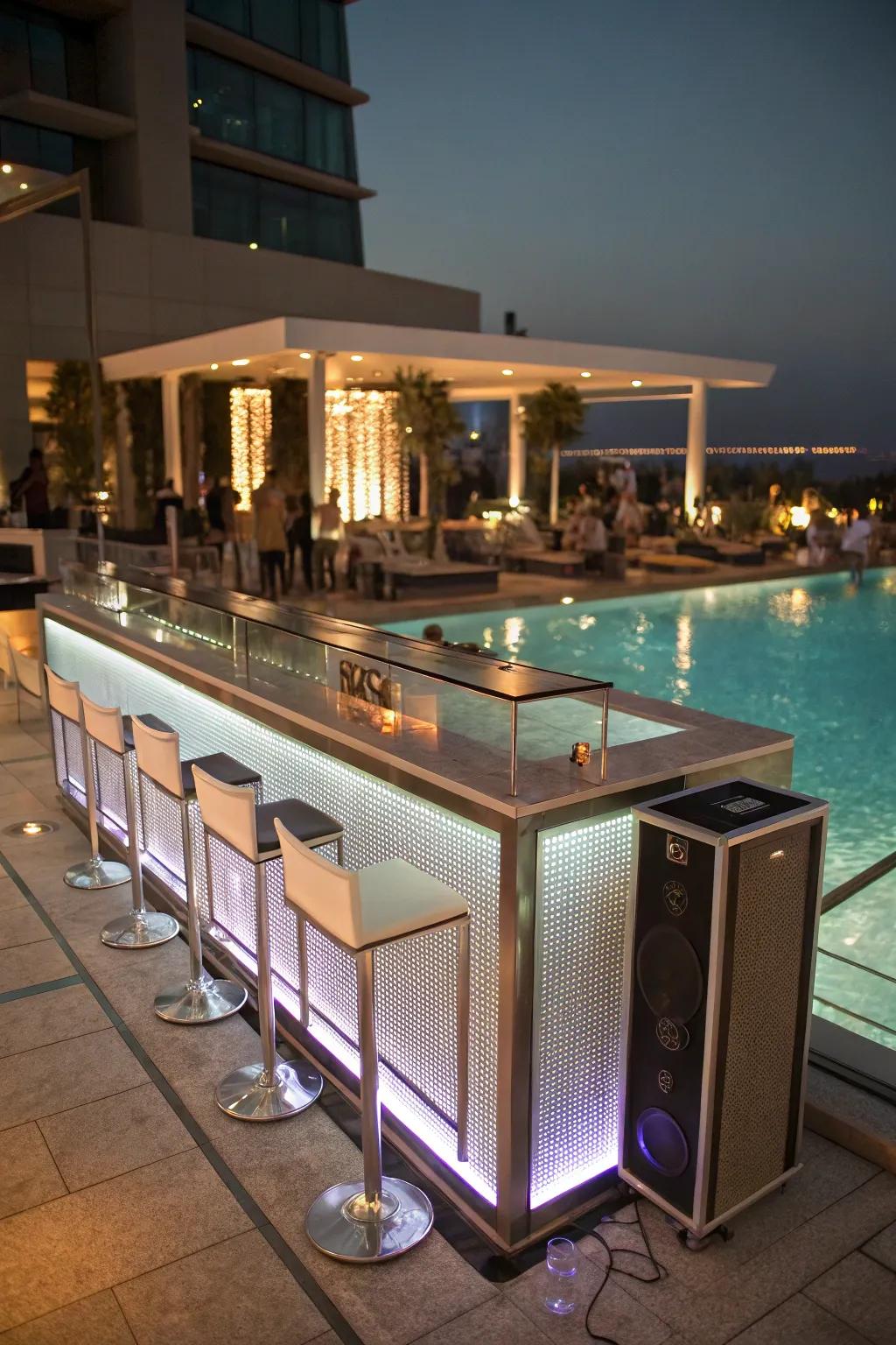 A high-tech wet bar keeps the tunes streaming poolside.