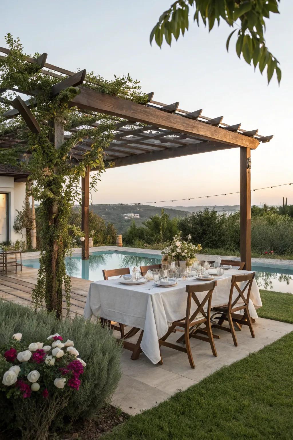 An inviting open-air dining space next to a serene pool.