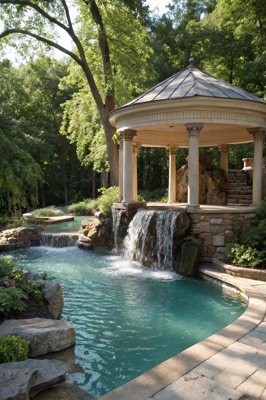 A cascade element infuses a soothing, resort-esque ambiance into your pool shelter.