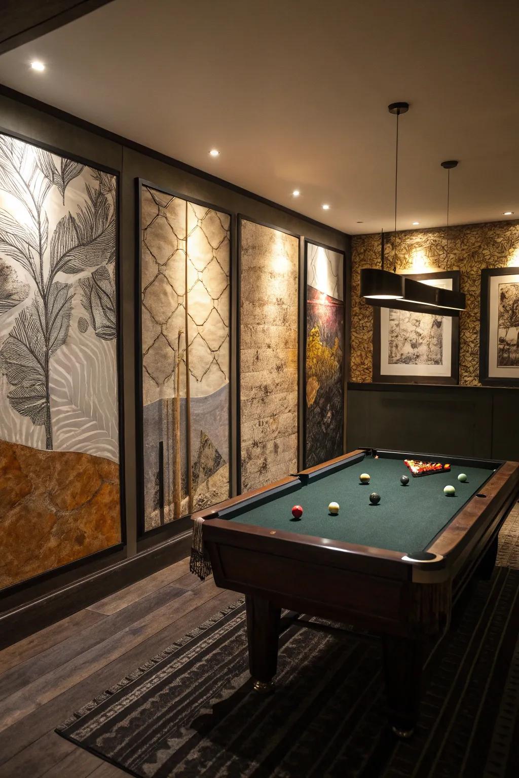 Artistic wall boards add depth and style to a small pool table room.
