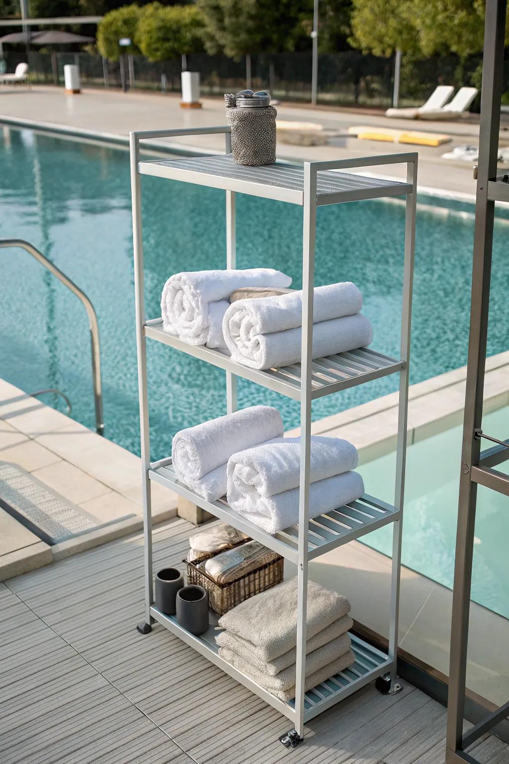 Sleek metal shelving unit for a modern poolside.