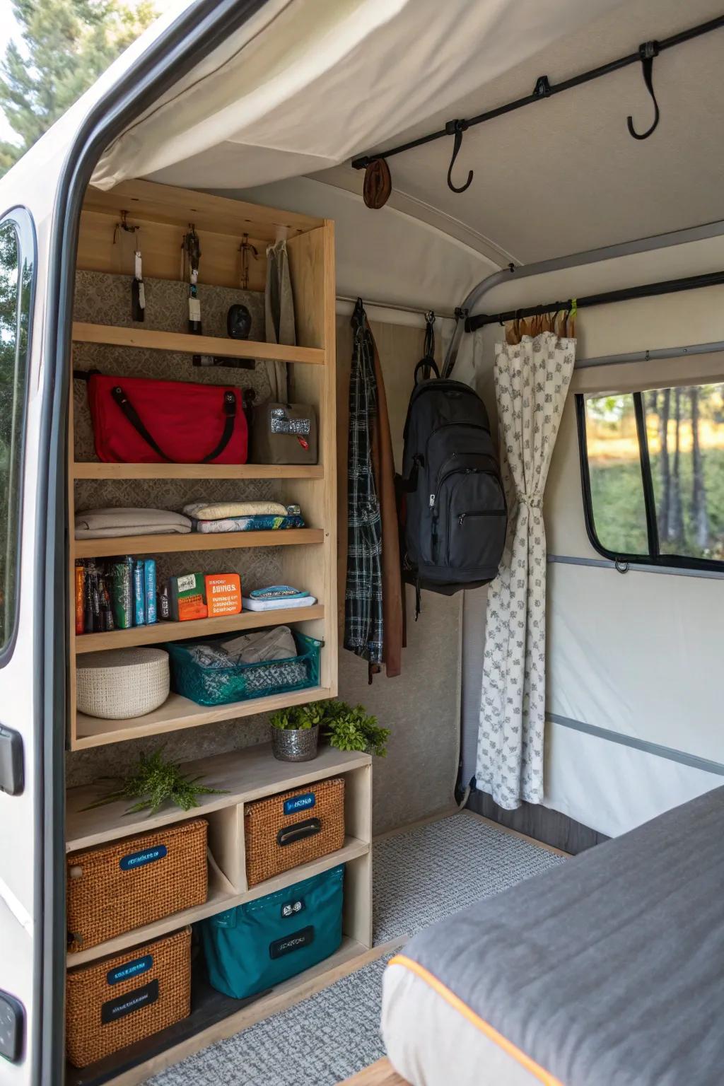 Utilizing vertical dimensions sustains an organized and efficient camper.