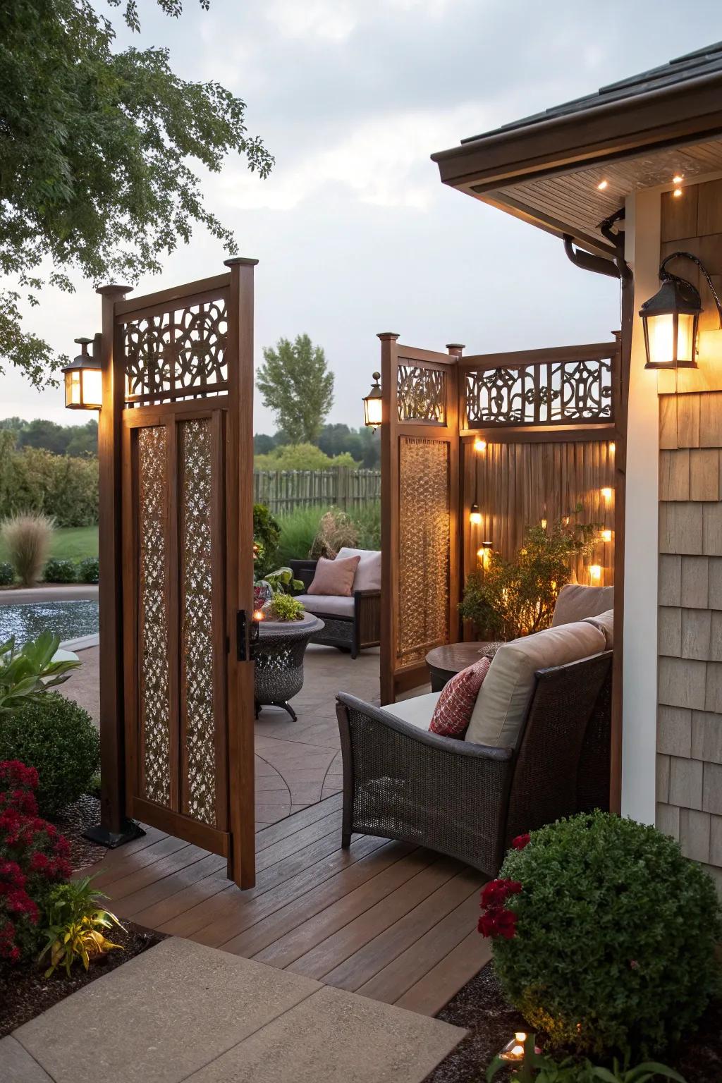 Privacy screens craft a secluded, welcoming porch escape.
