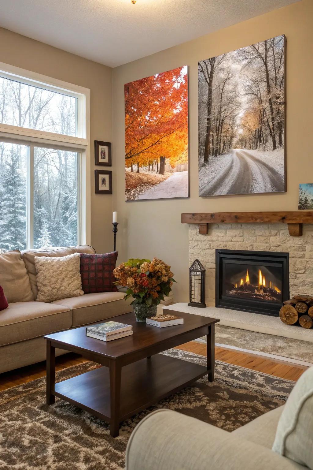 A living area that dynamically changes with seasonal poster additions.