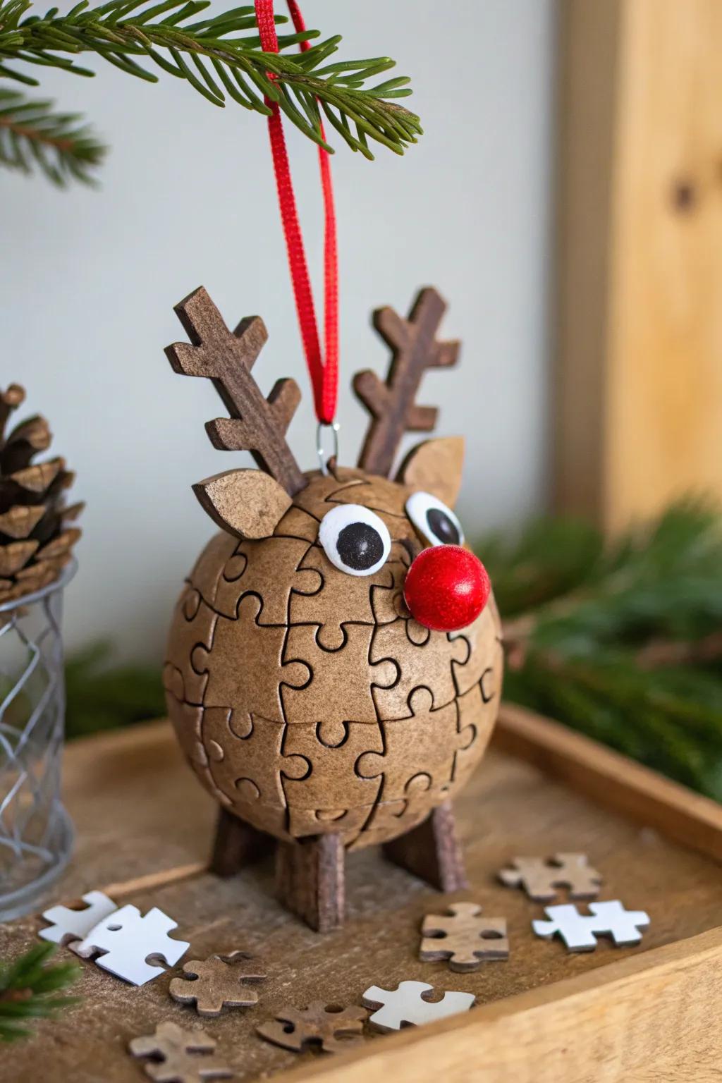 Quirky jigsaw fragment reindeer, imparting character and enjoyment to holiday adorning.
