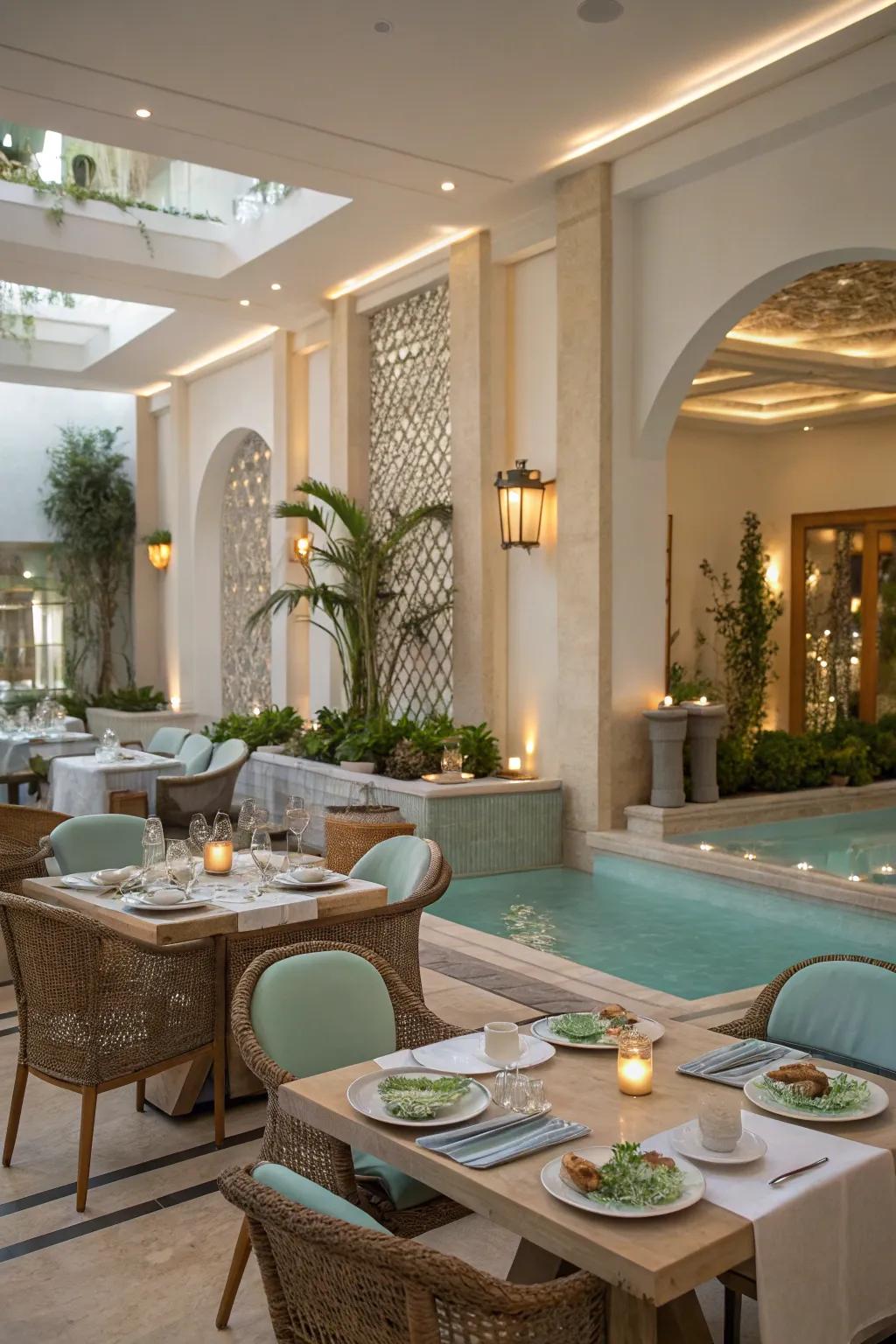 A spa themed dining room with dishes and decor elements.