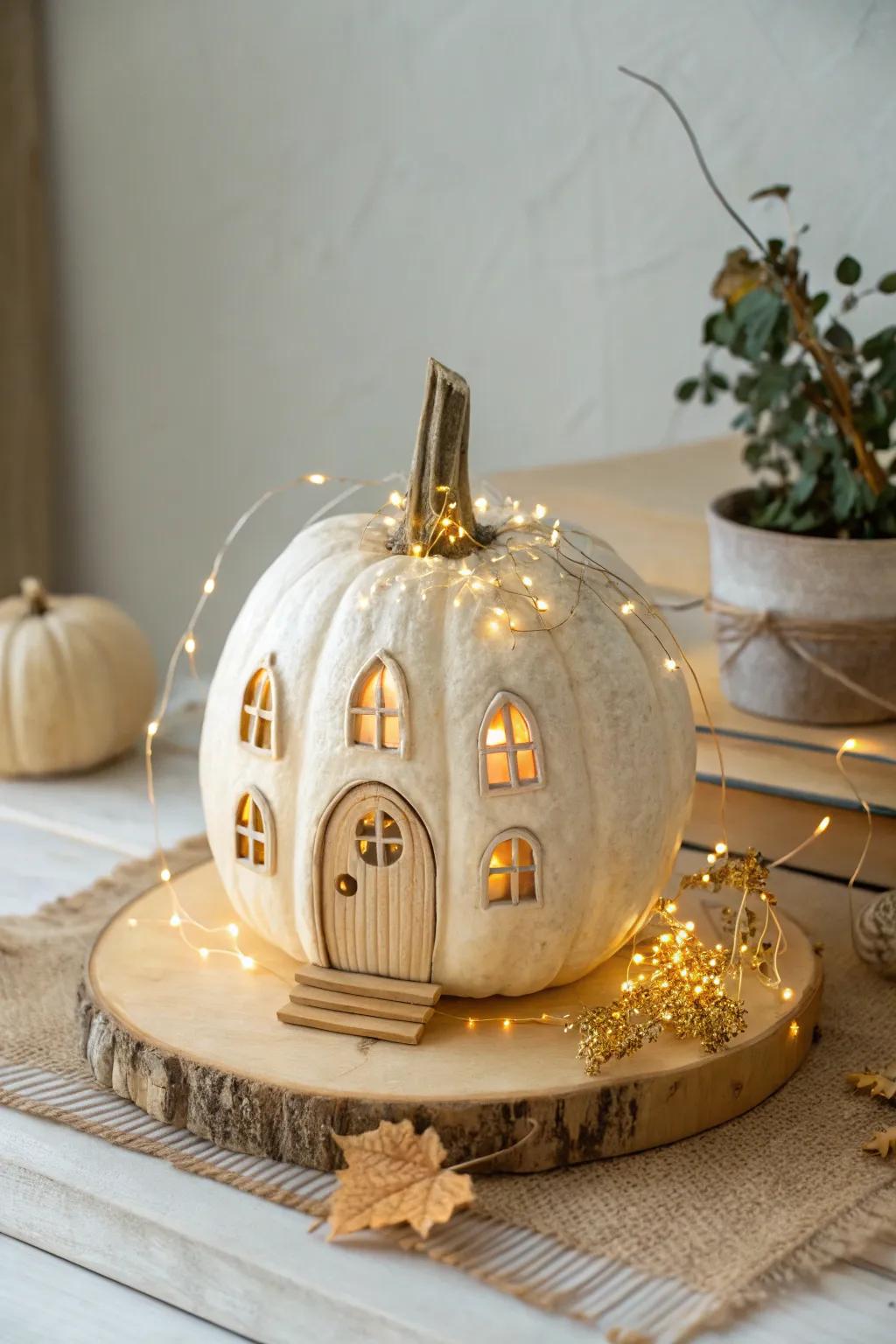 Illuminate your imagination with this enchanting gourd pixie residence, enveloped in a glimmering embrace of minuscule filament radiance.