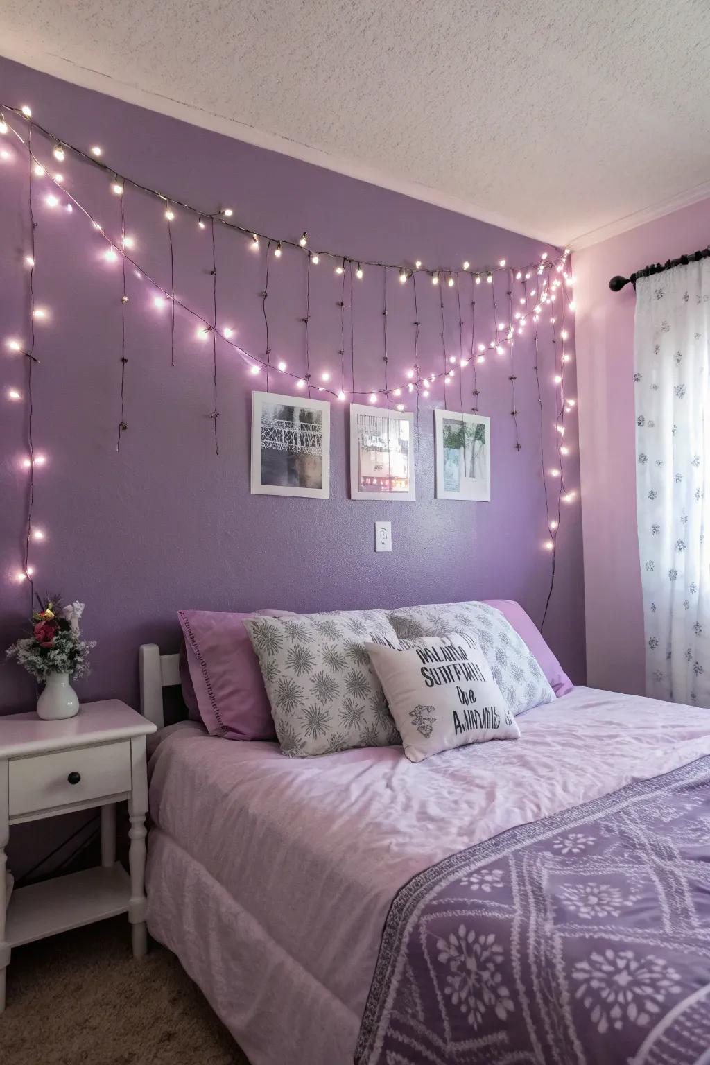 Whimsical fairy lights add a magical touch to purple walls.