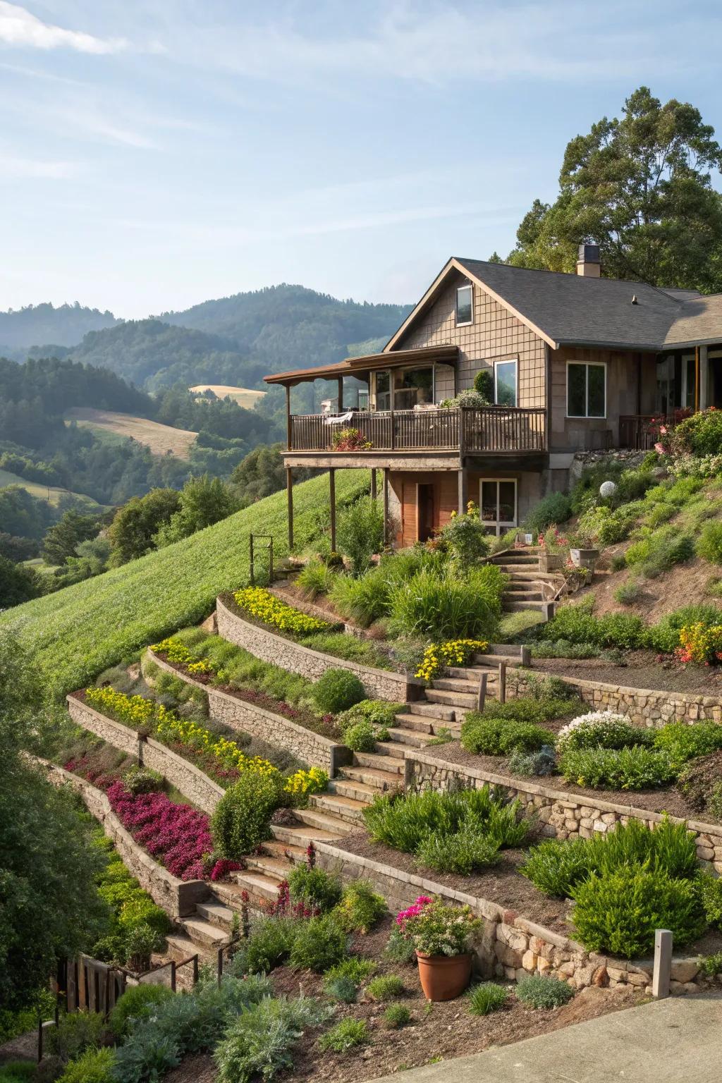 Terraced foliages appending aesthetic fascination to a sloped raised ranch landscape.