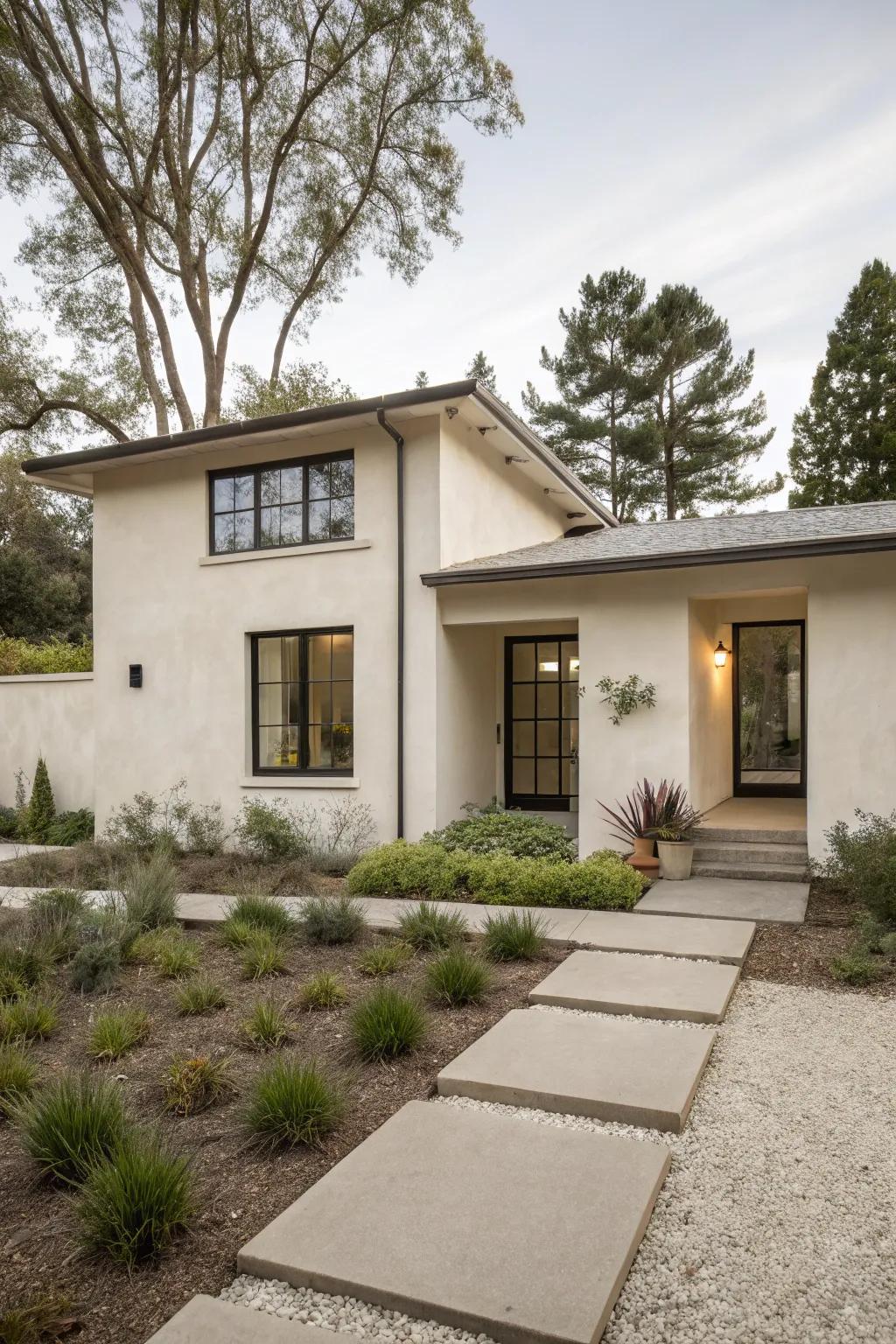 Stucco siding delivers a sleek and refined finish.