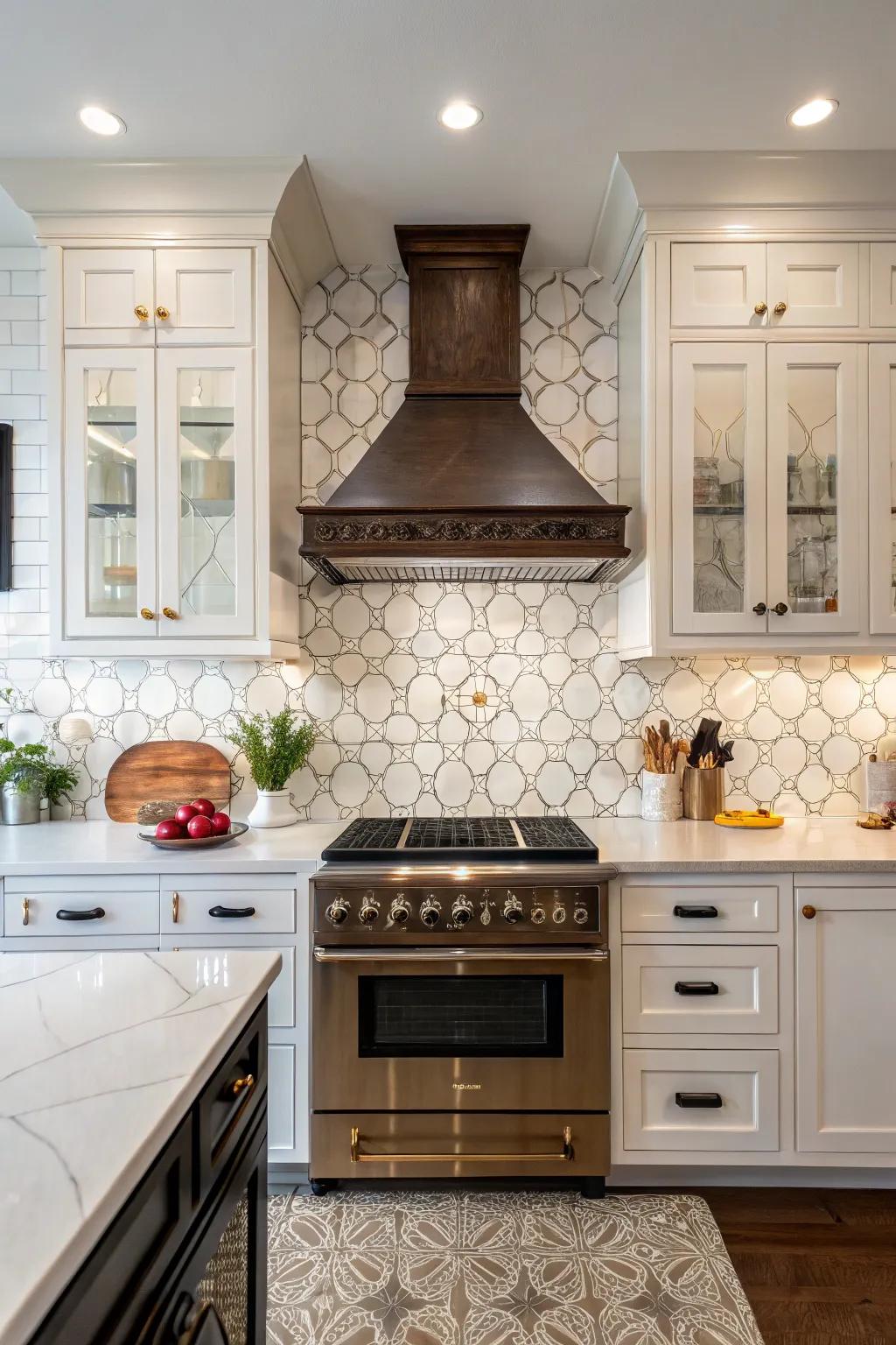 Kitchen design showcasing a refined tile backsplash paired with a classic vent hood for charm.