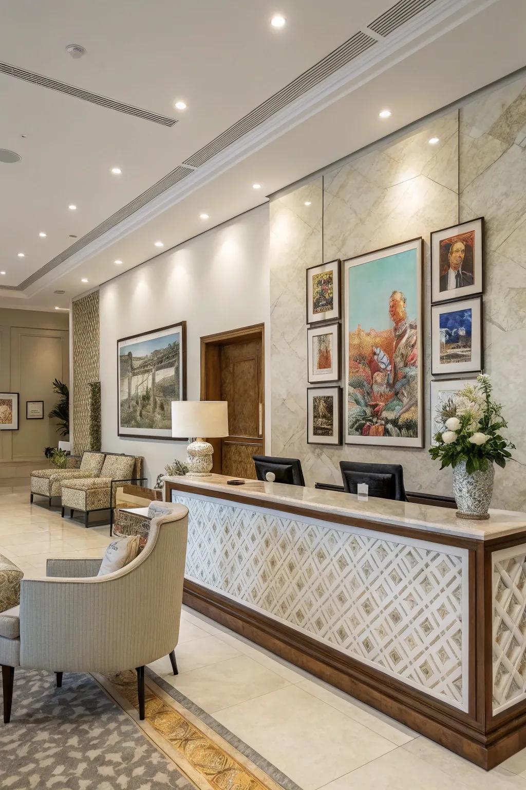 An artistic welcome area featuring curated pieces.