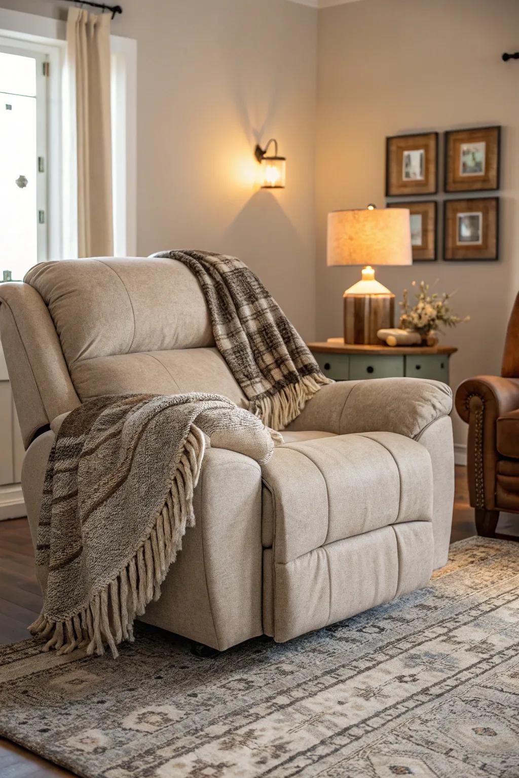 A comfortable recliner sofa enhanced with a delicate throw.