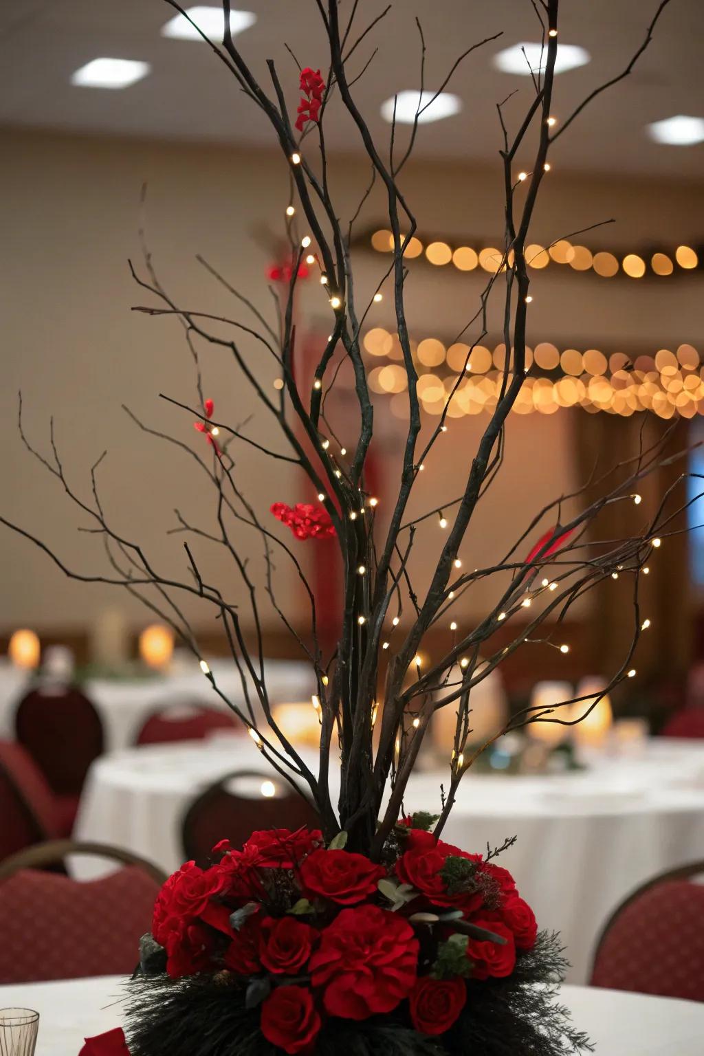 Dark limbs featured alongside scarlet highlights furthermore minute string lights contributing a spellbinding centerpiece.
