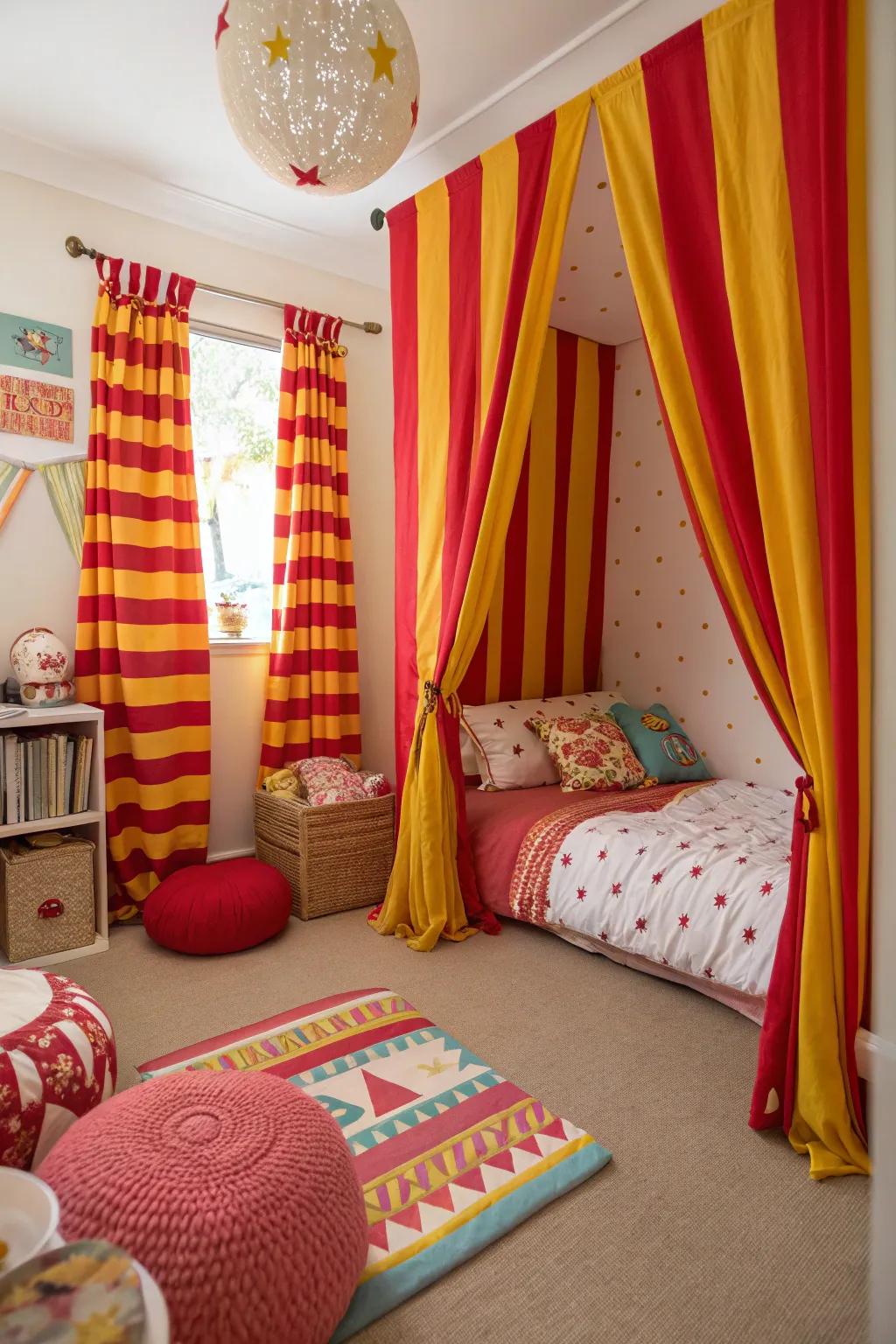 Striped window coverings in crimson and gold impart a playful and animated essence to this resting space.