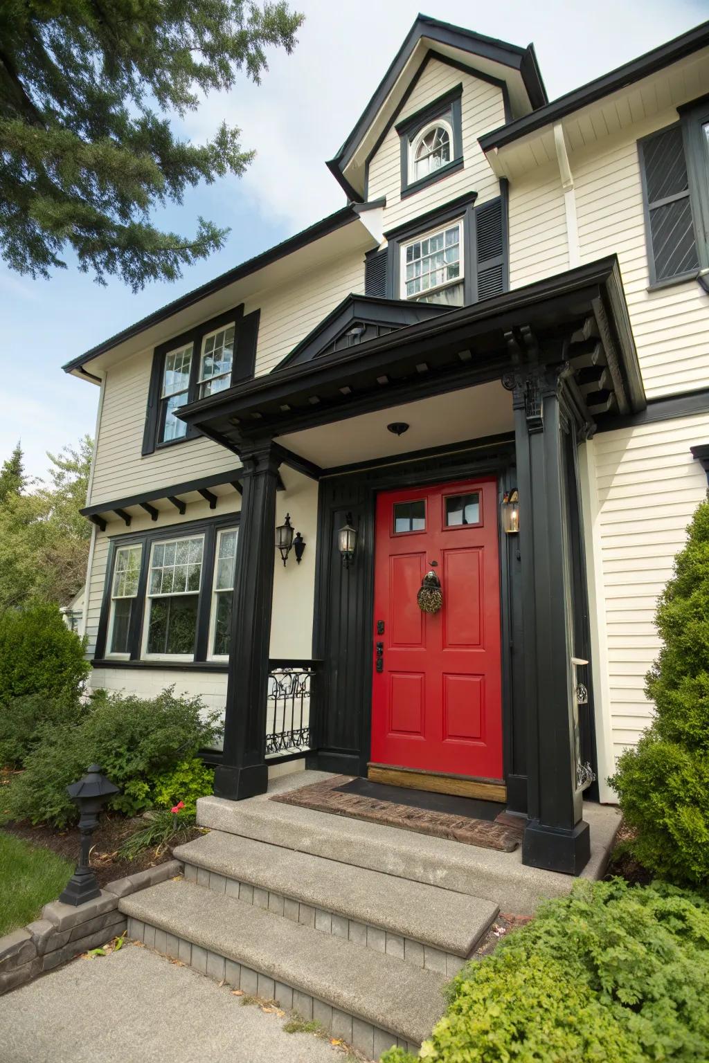 Home featuring a red entrance and black trim, epitomizing timeless elegance.