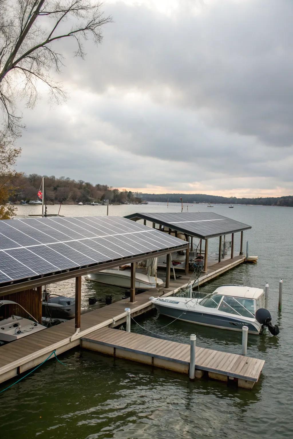 A dock that utilizes solar energy for sustainable power.