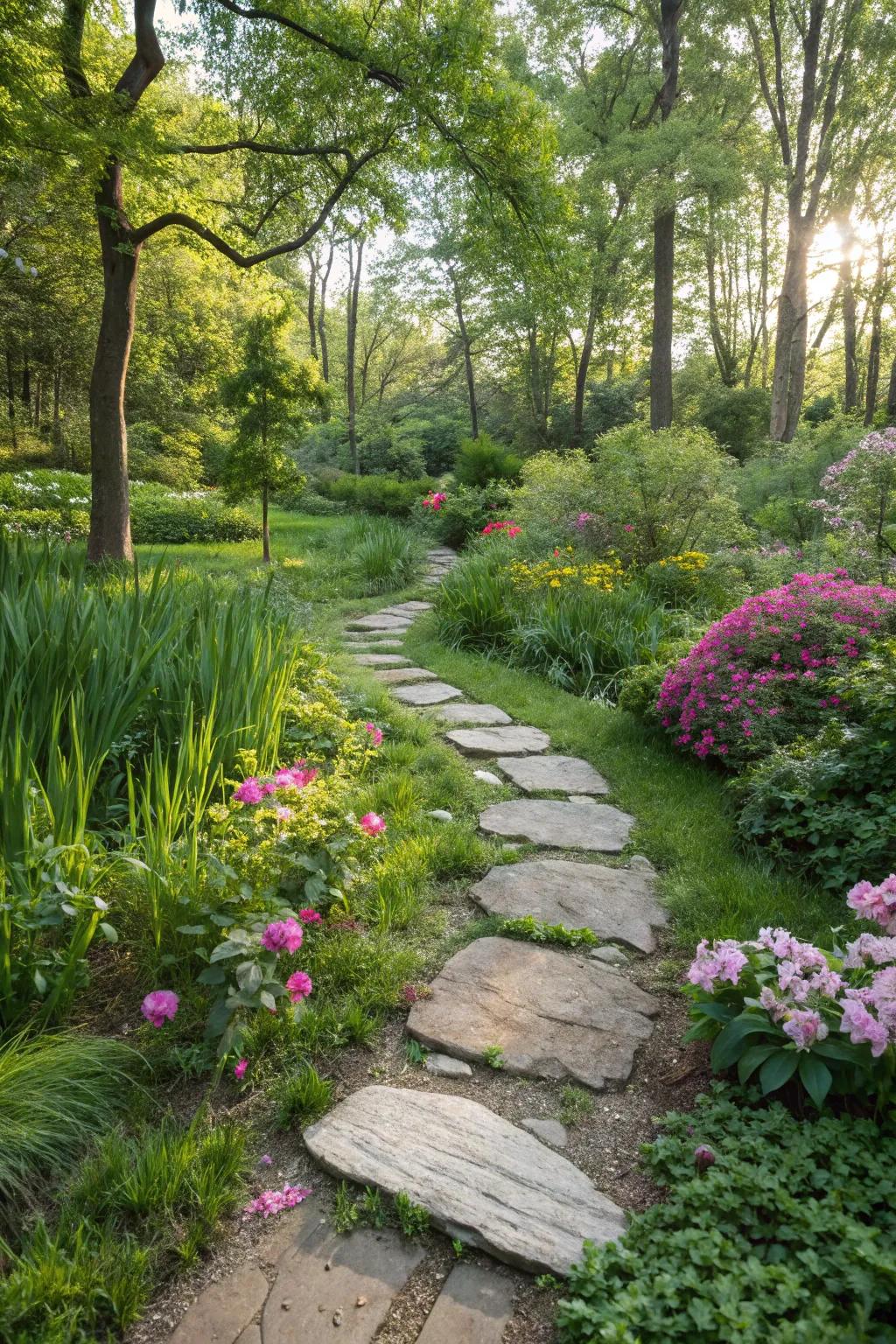 Shoreline stone platforms construct a charming and functional garden trail.