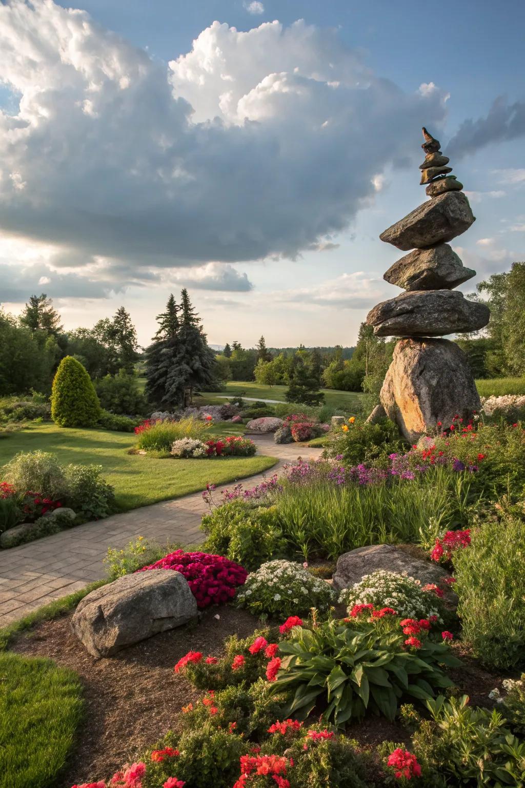 Stone sculptural pieces transform gardens into artistic expanses.