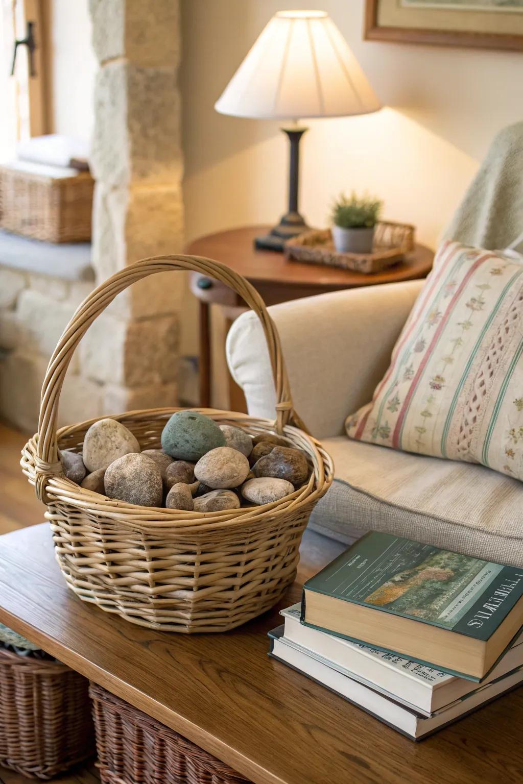 A wicker basket adding rustic charm with rocks