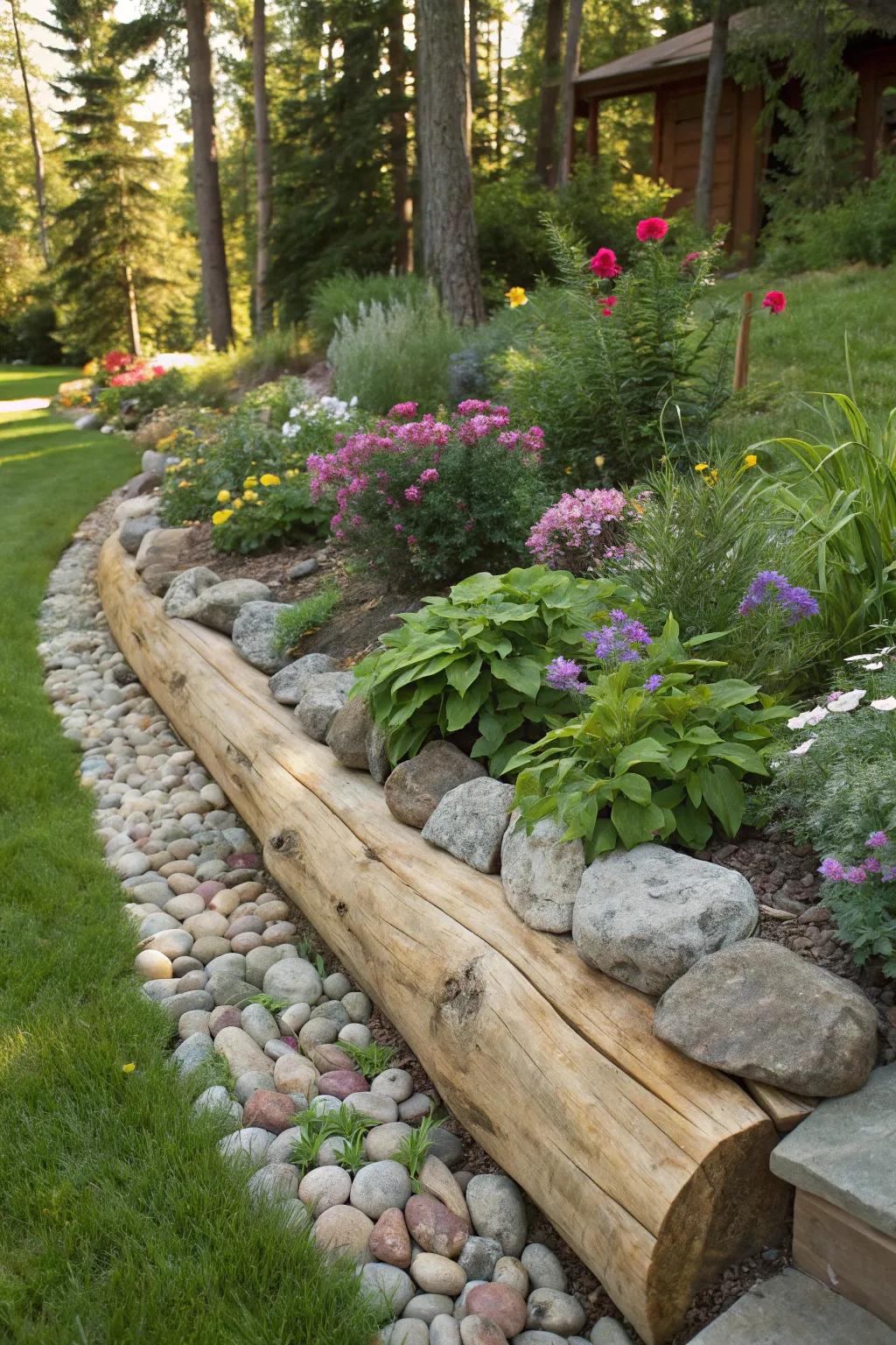A bond of lumber and boulders, fashioning a welcoming and raw garden boundary.