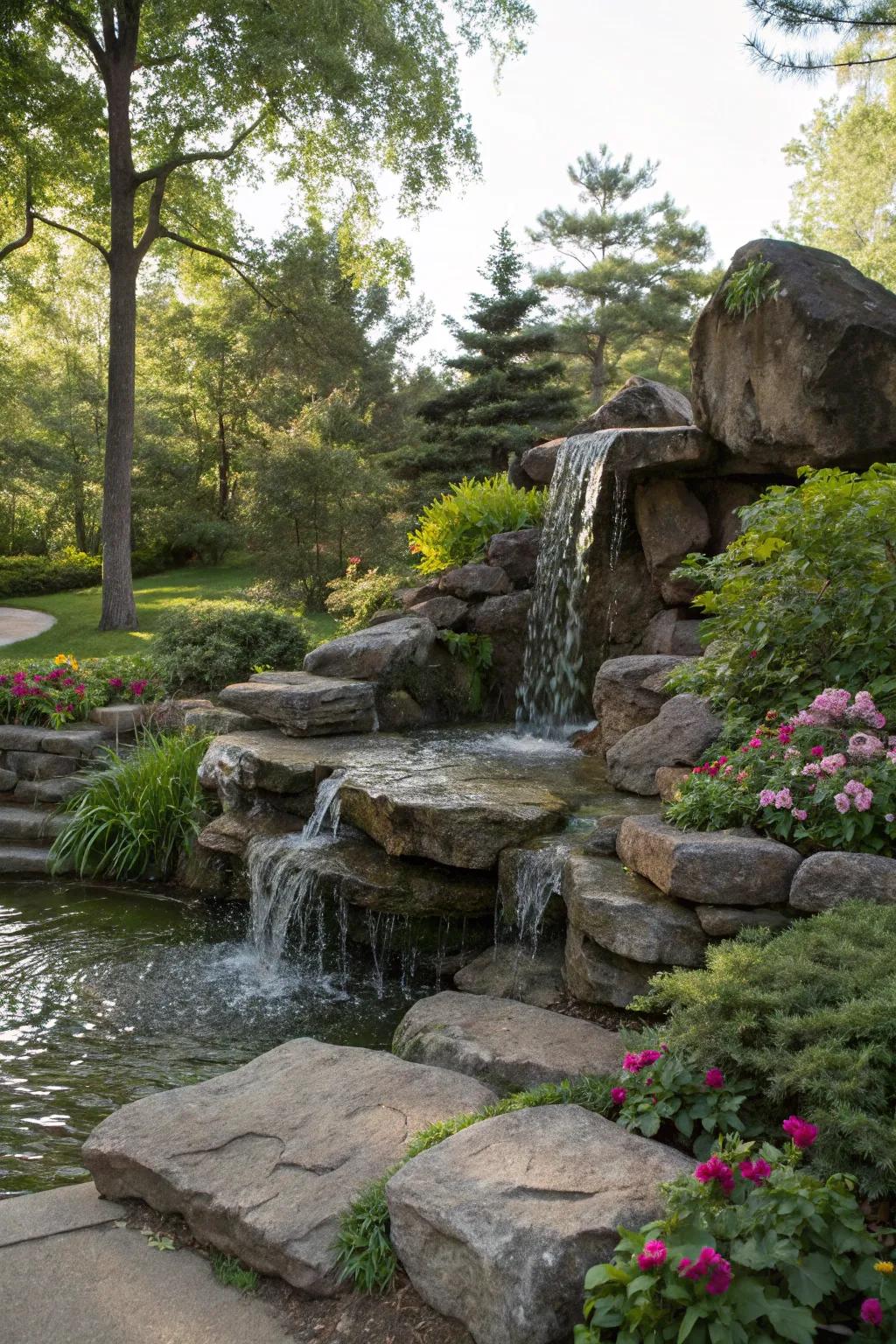 A cascading stone fountain injecting peacefulness into a garden space.