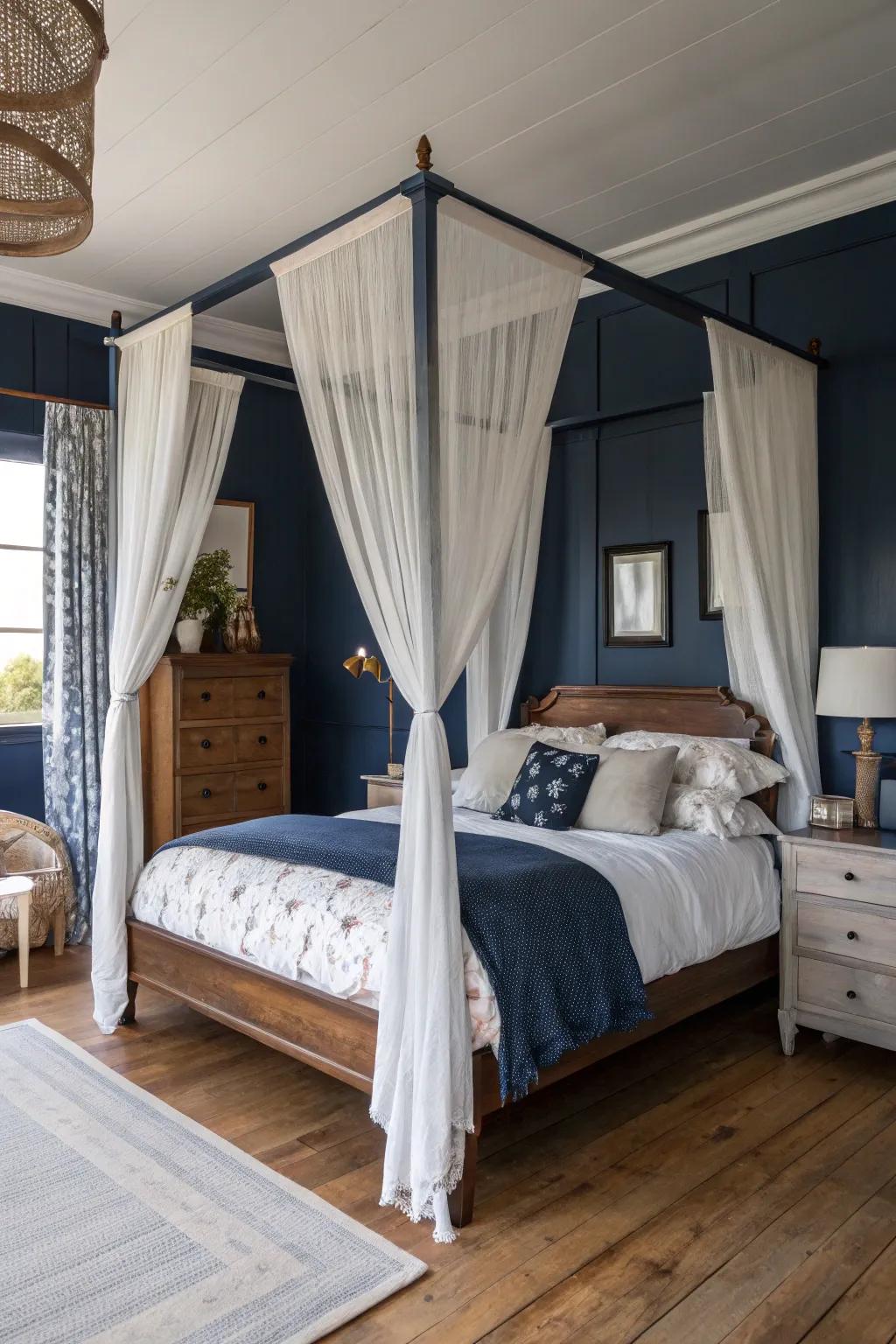 A canopy bed appends a fanciful, romantic accent to your indigo haven.