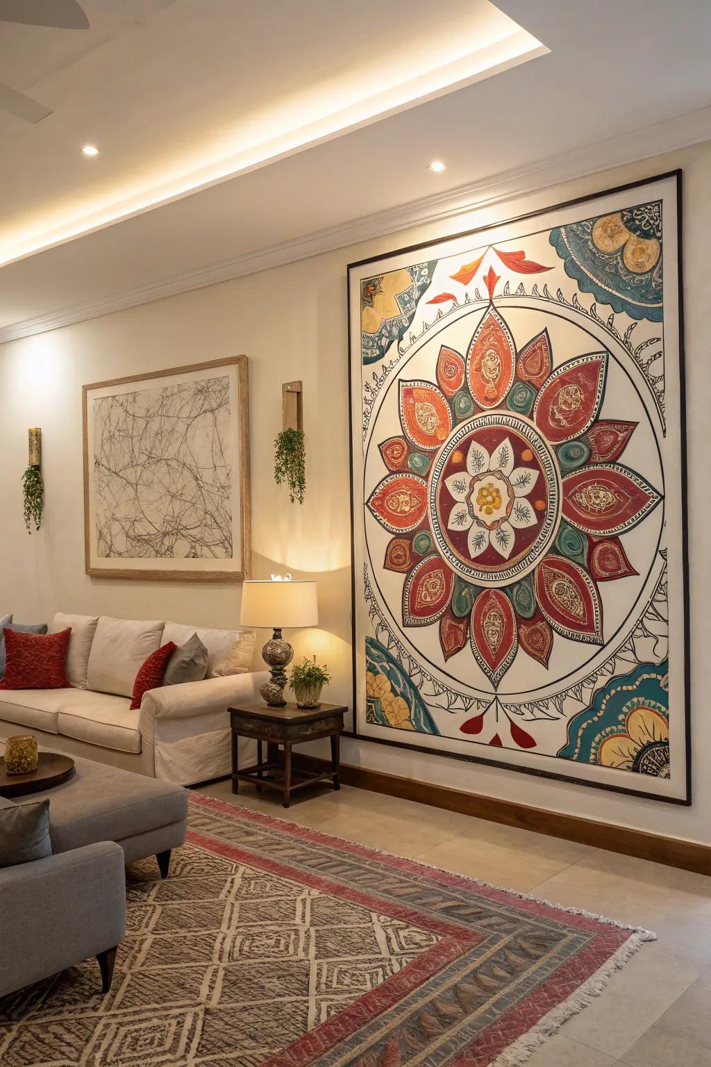 A chamber anchored via the implementation of a visually arresting artistic composition.