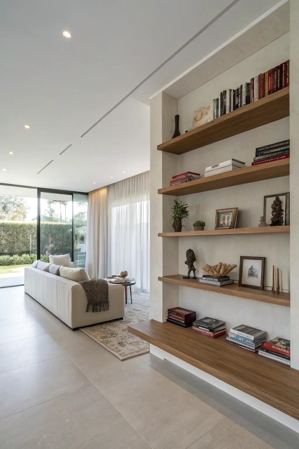 A contemporary room showcasing a partition wall equipped with suspended shelves, adding a minimalist touch.