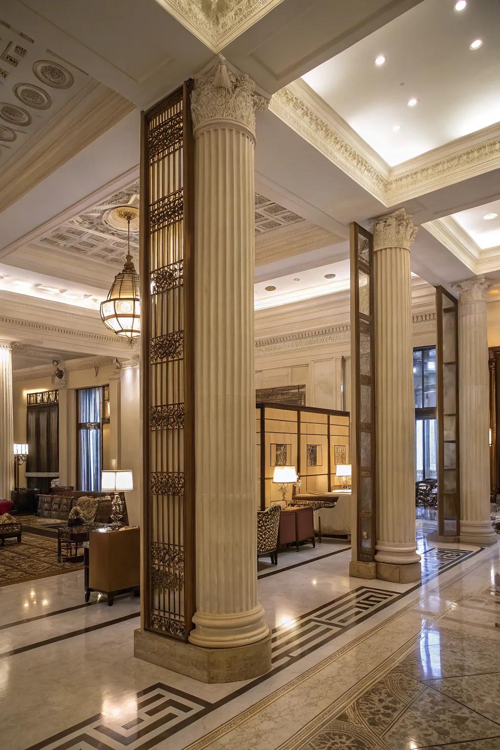 Columned dividers introduce structural elegance and influence traffic flow.