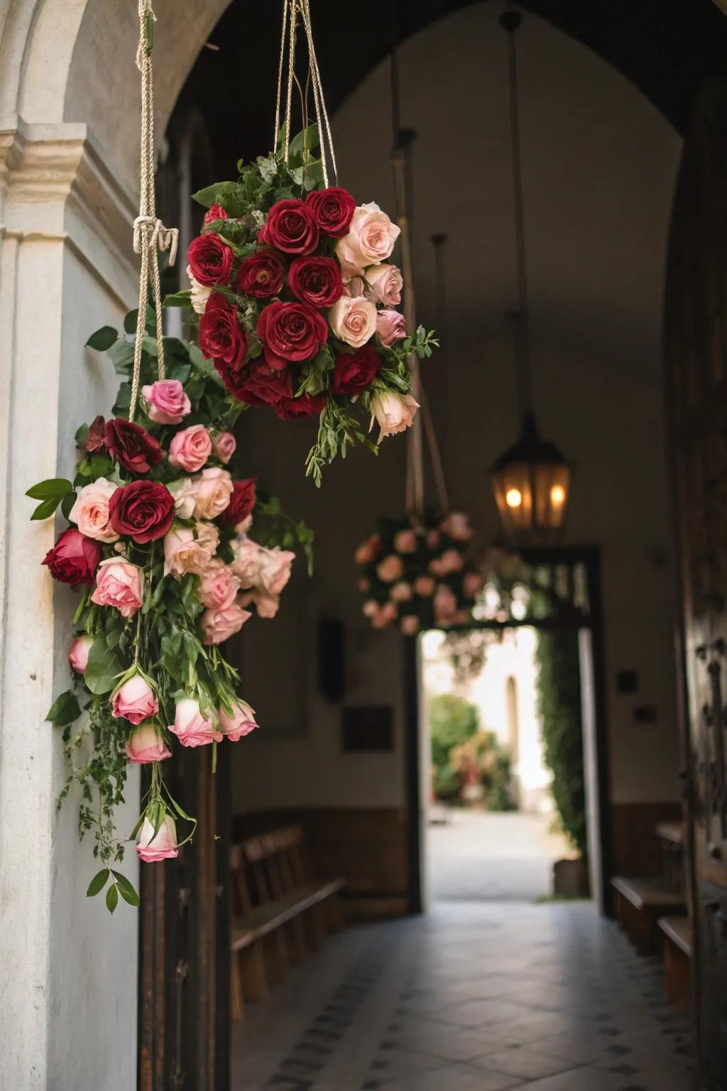 Dramatic entry through suspended rose bouquets.