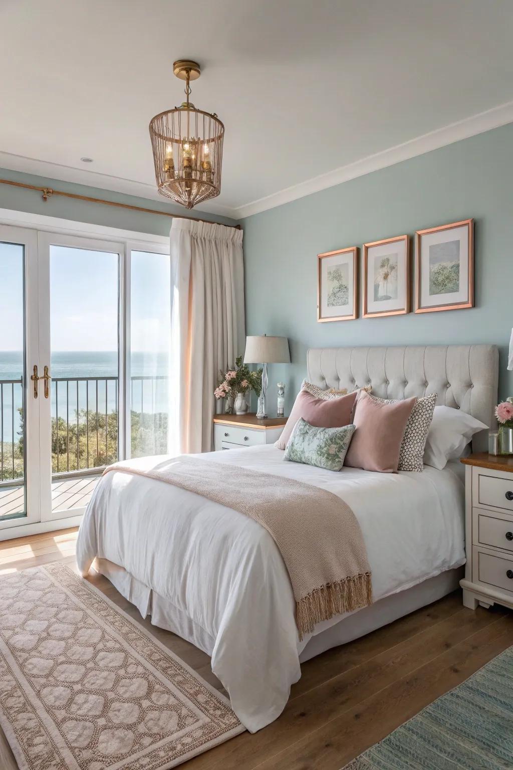 Rose gold whispers warmth into a coastal chic bedroom.