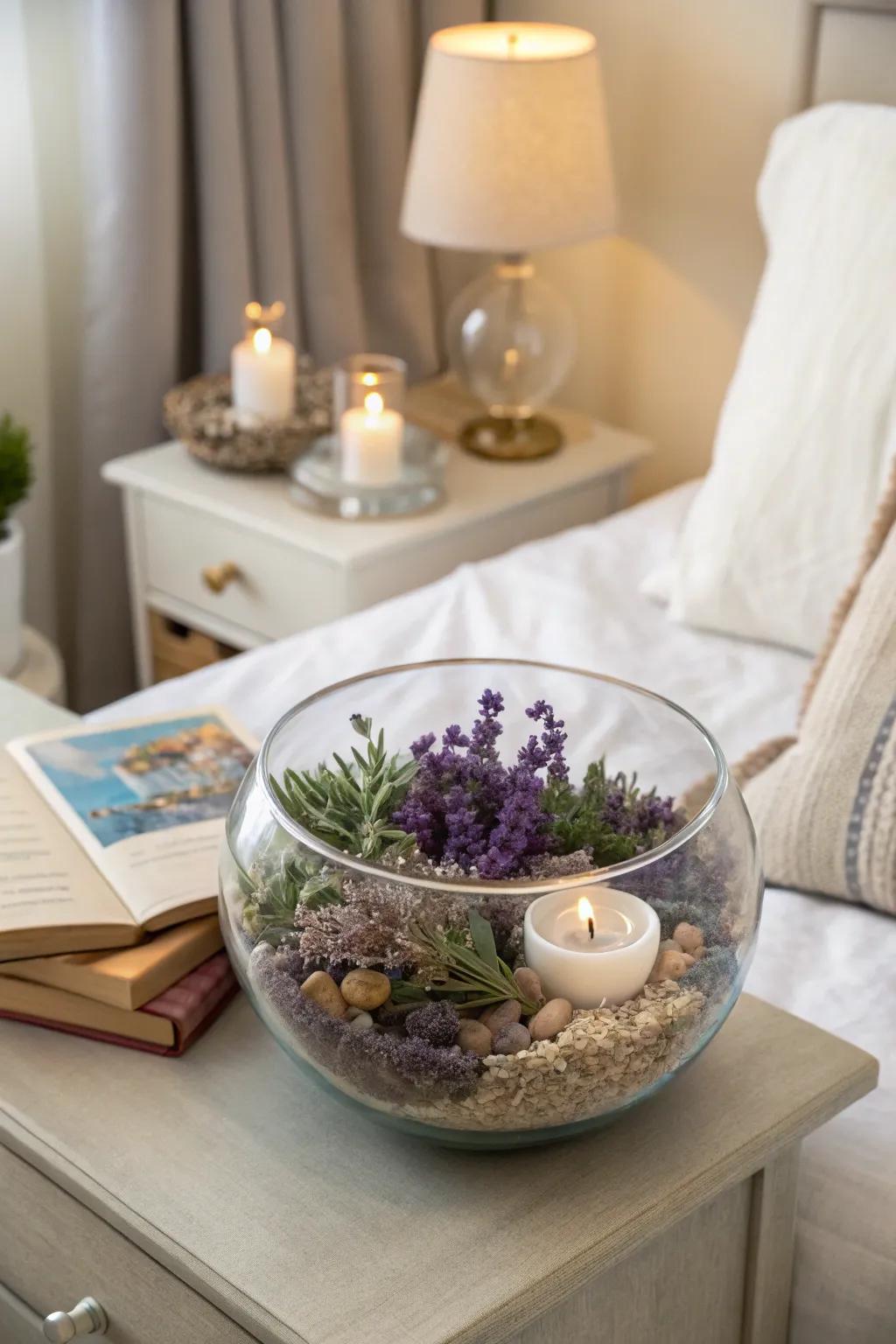 Dried lavender within a glass vessel provides a scented and calming presence.