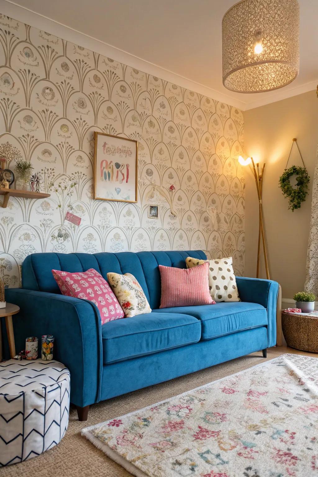 Playful motifs bring a whimsical contrast to the formal sapphire settee.