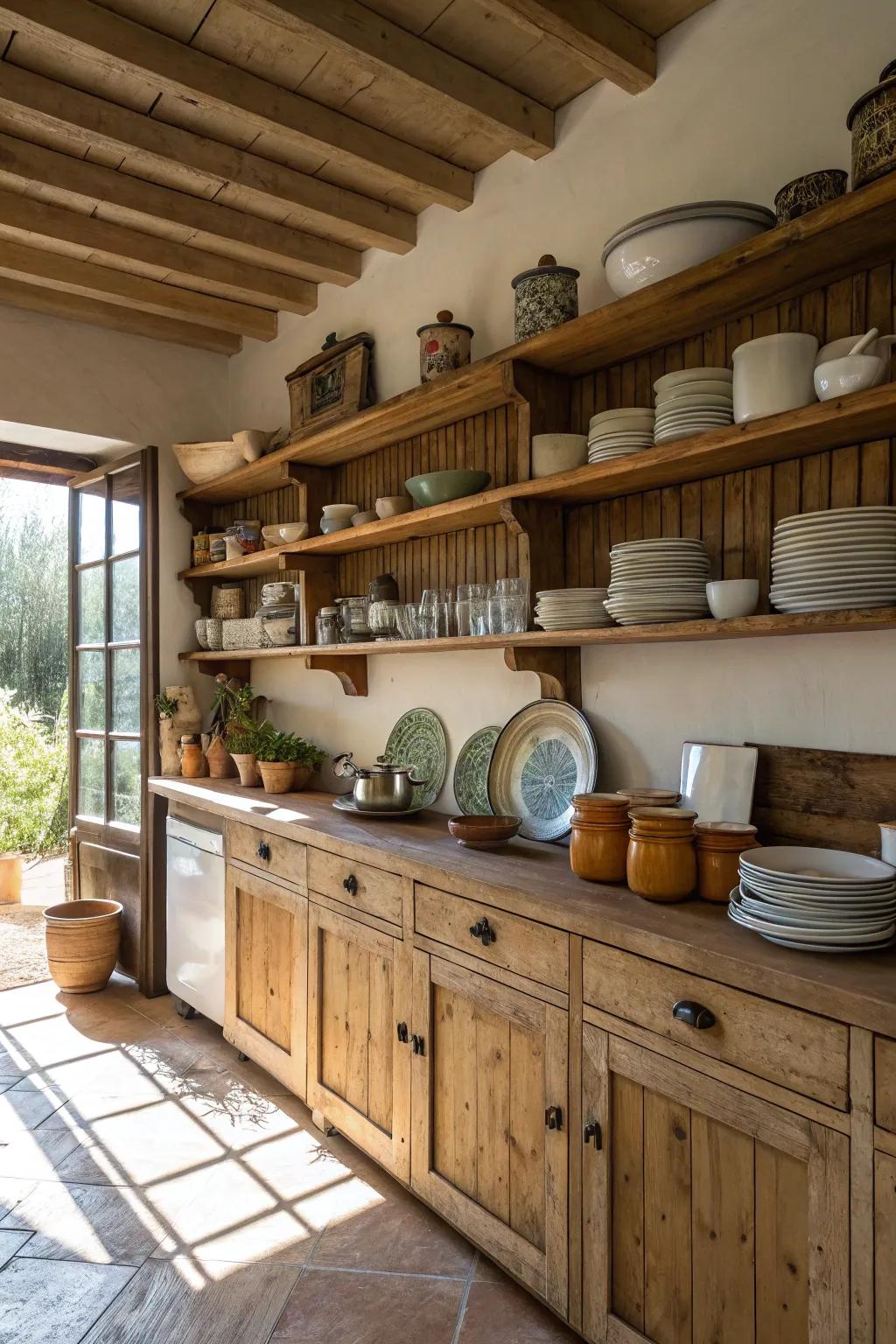 A galley featuring uncovered shelving with country charm.