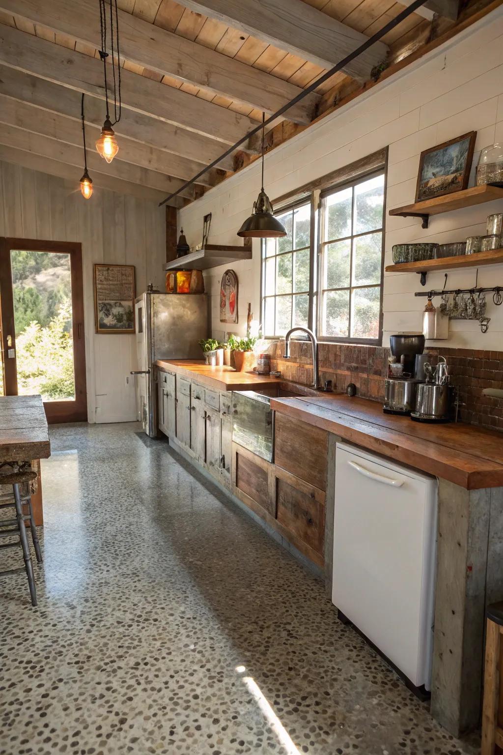 Exposed aggregate concrete unifies industrial and rustic styles.