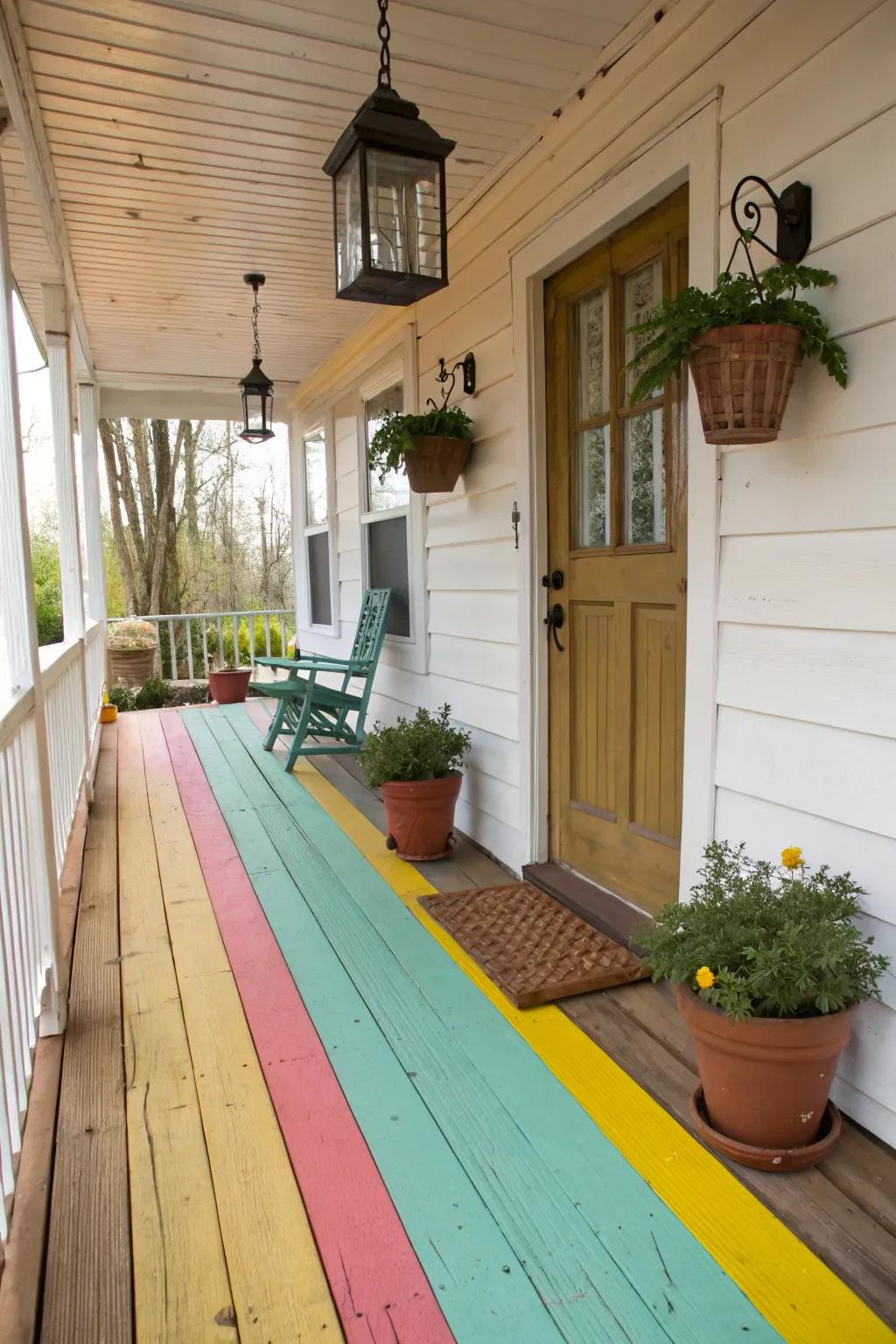 A pop of vibrant paint adds cheerful color to a rustic veranda.