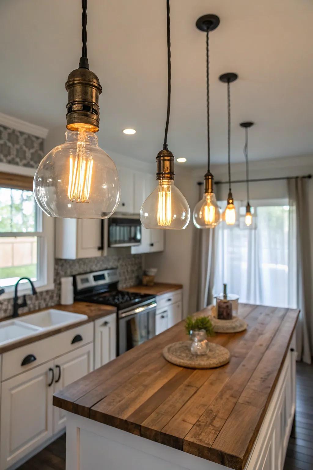 Filament bulbs deliver a warm, period-inspired glow to this kitchen.