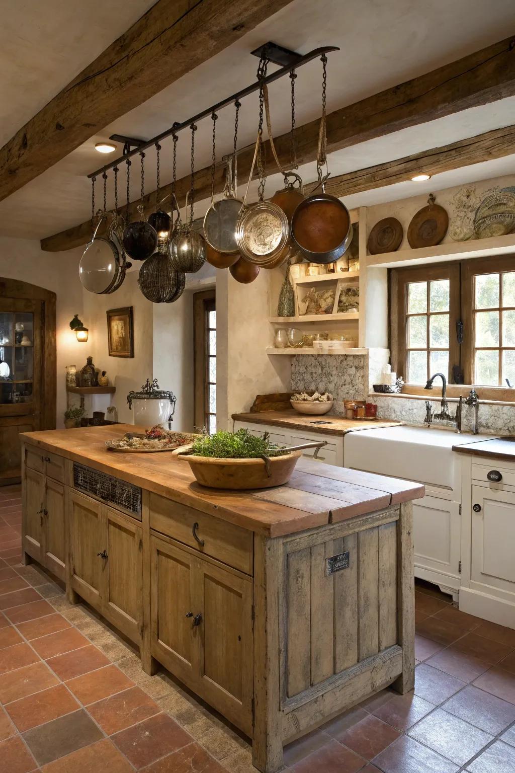 Hanging cookware contributes a practical yet decorative touch.