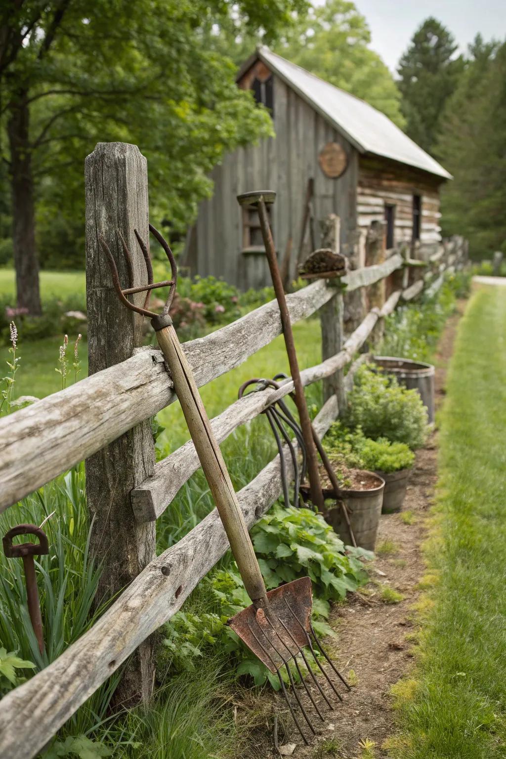 A vintage farmhouse fashion is accomplished with a split rail fence and vintage stylistic layout.