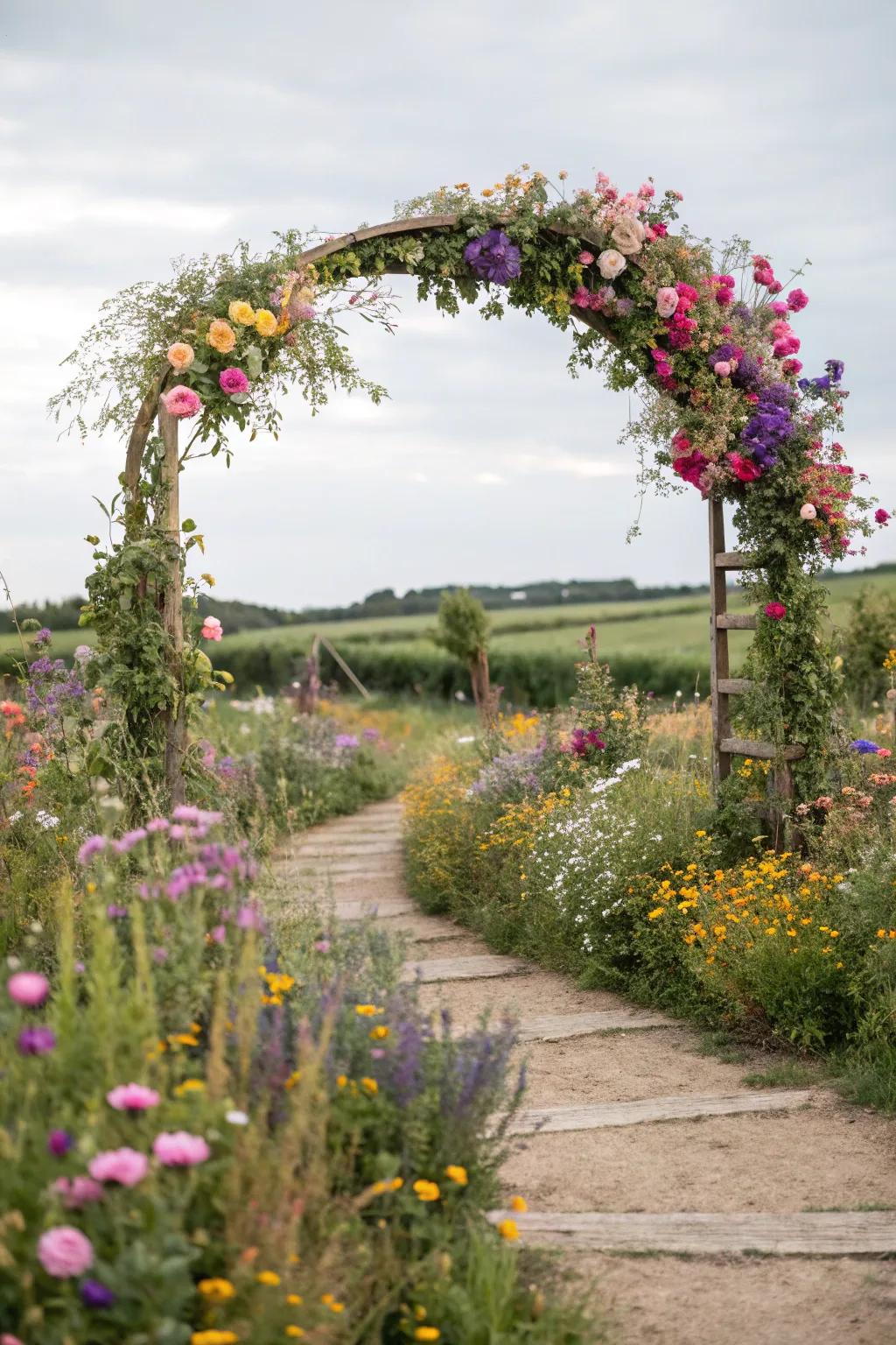 A wildflower arch, brimming with vibrancy and whimsy.
