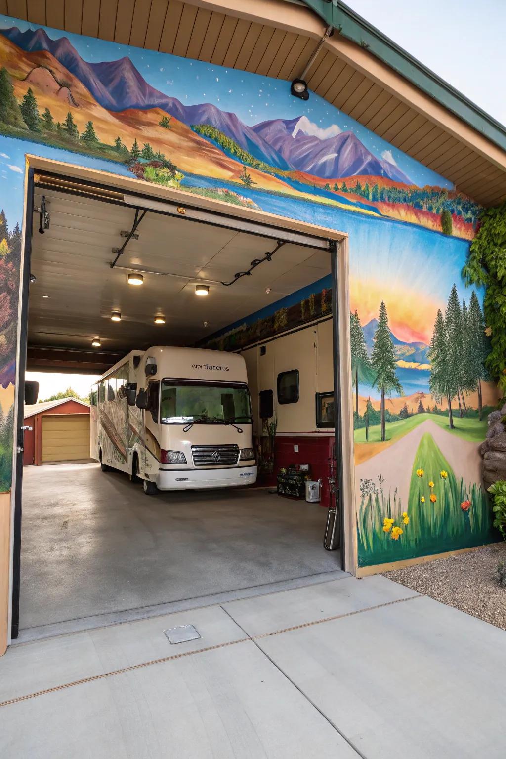 Personal art and murals enrich an RV garage with creativity and style.